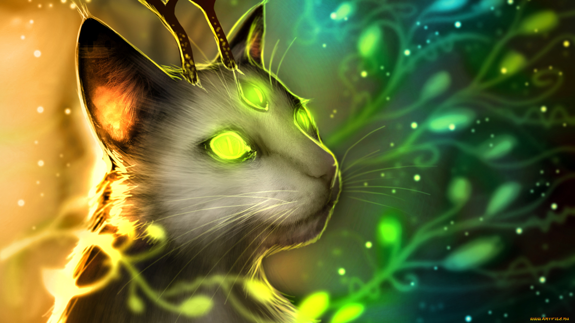 фэнтези, существа, кот, три, глаза, зелёные, рожки, мордочка, веточки, сияние, усы