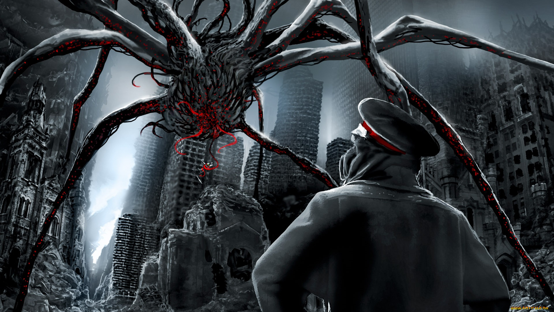 фэнтези, существа, туман, монстр, человек, руины, существо