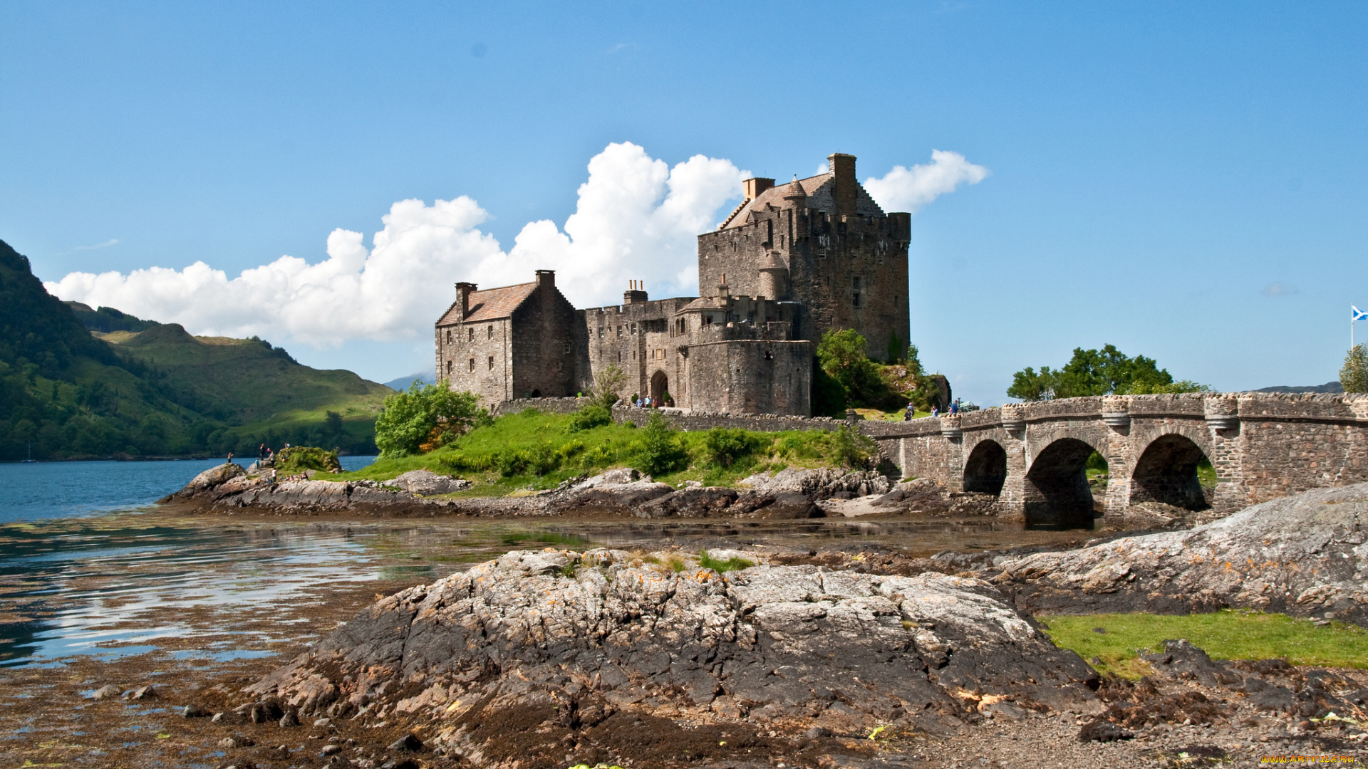города, замок, эйлиан, донан, , шотландия, мост, замок, река, горы