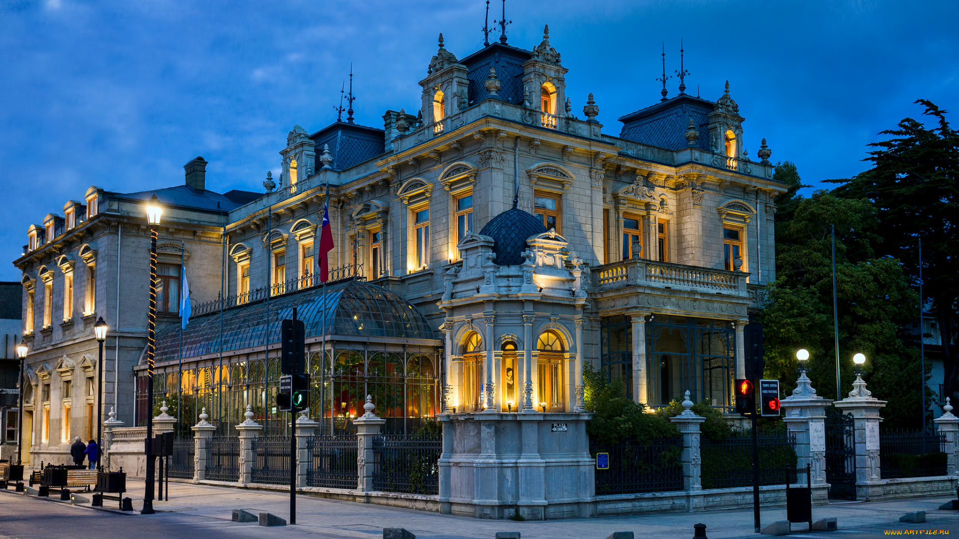 sara, braun, palace, , punta, arenas, , chile, города, -, здания, , дома, вечер, улица, здание, огни
