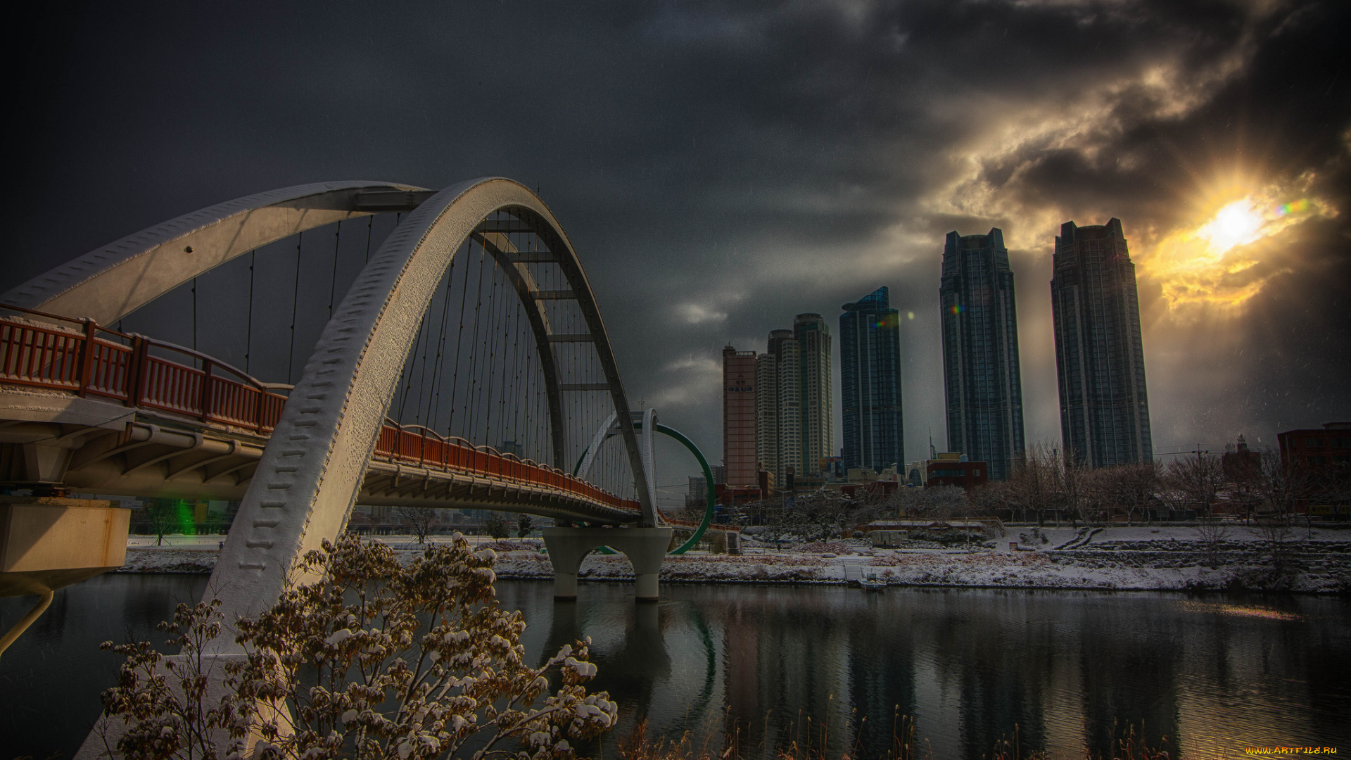 ulsan, , south, korea, города, -, мосты, тучи, небоскребы, мост, река