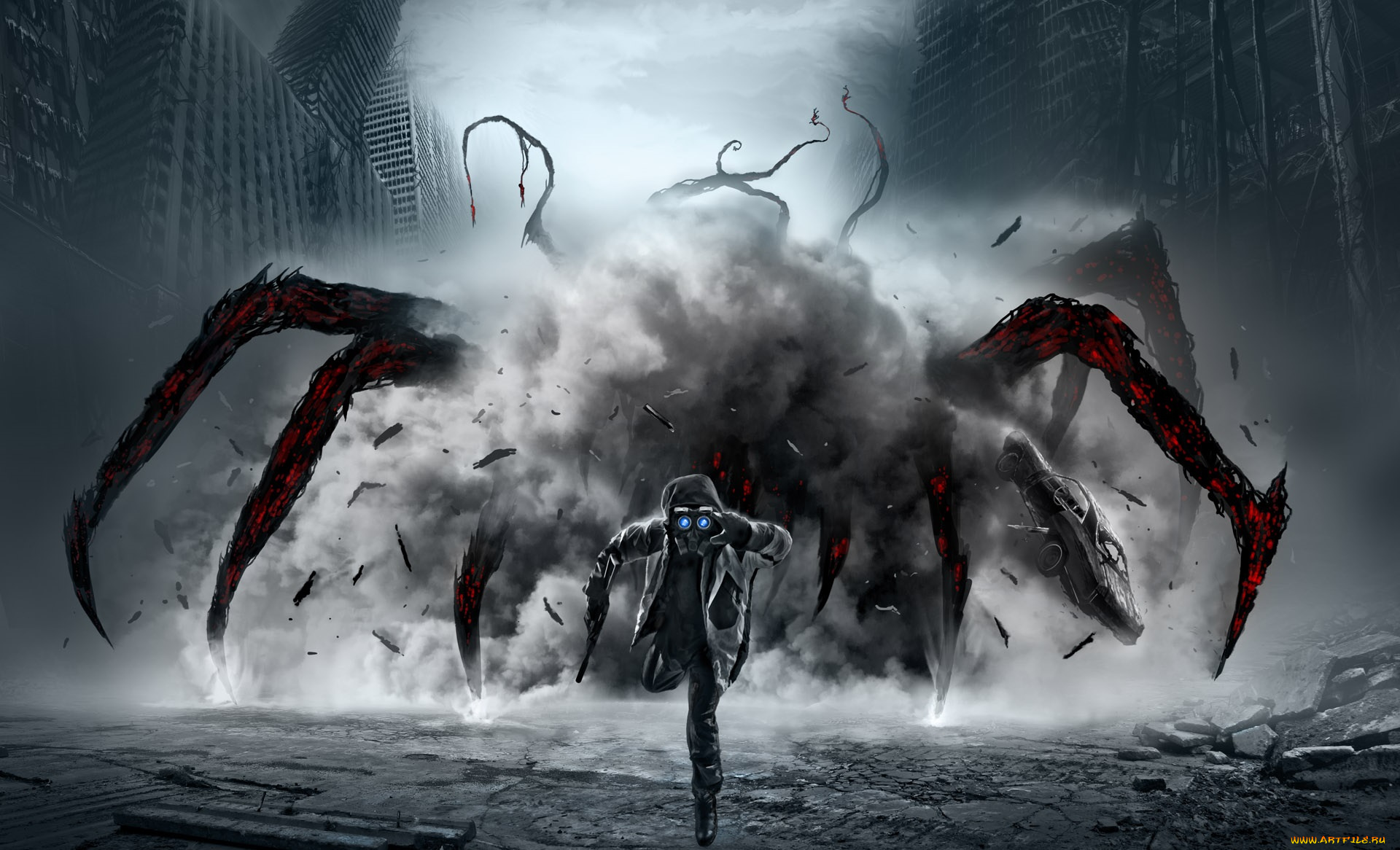 фэнтези, люди, существо, монстр, пыль, человек, оружие, руины, улица, осколки, взрыв