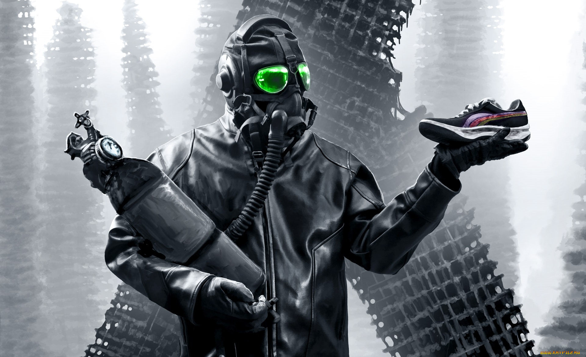 фэнтези, люди, человек, противогаз, зелёные, газовый, куртка, руины, серость, туман
