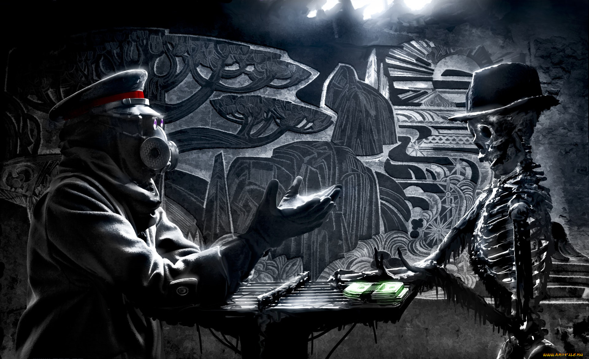 фэнтези, люди, руки, противогаз, деньги, шляпа, скелет, человек