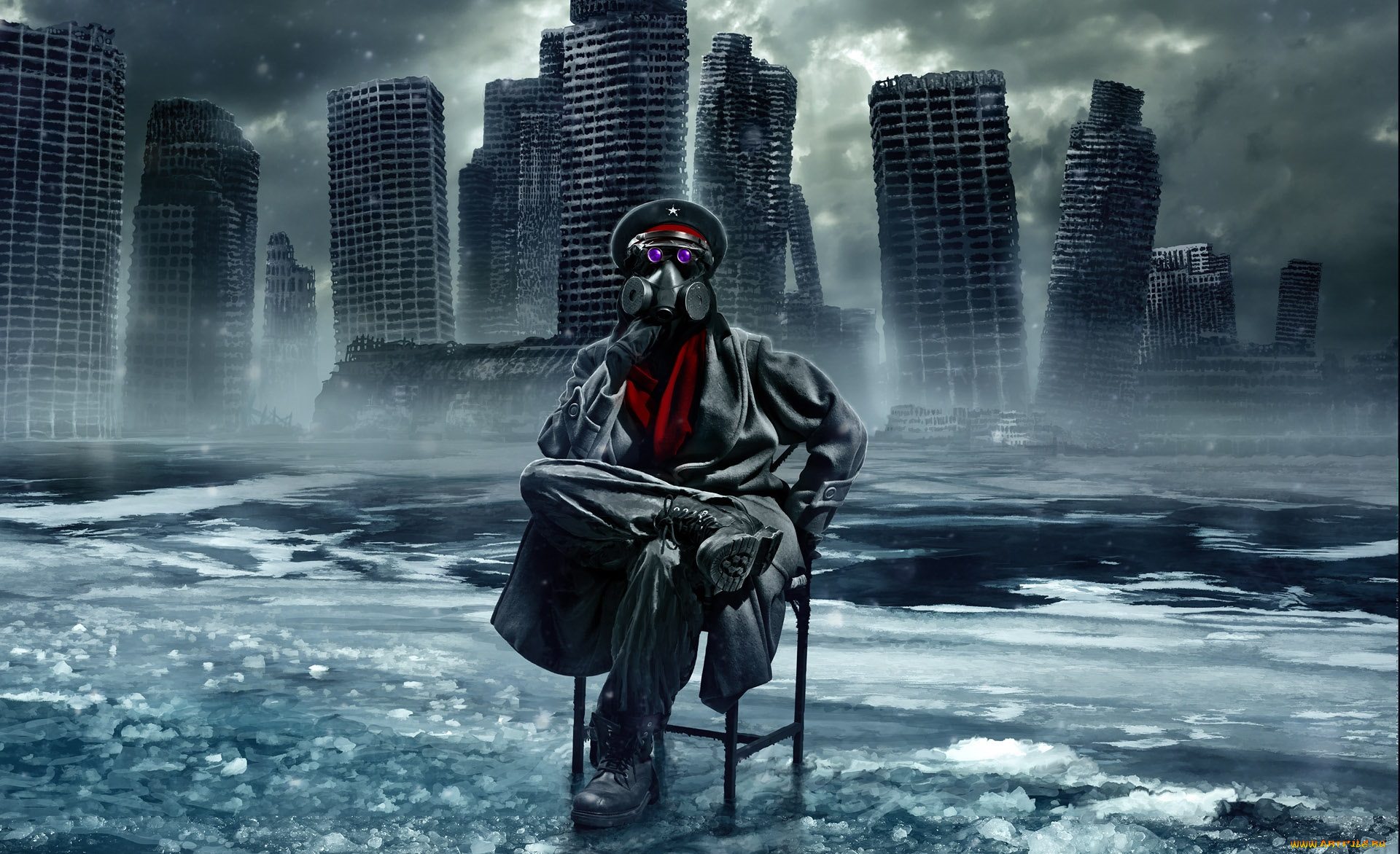 фэнтези, люди, человек, стул, пейзаж, руины, здания, развалины, каркасы, небо, облака, серость, туман, вода, лёд