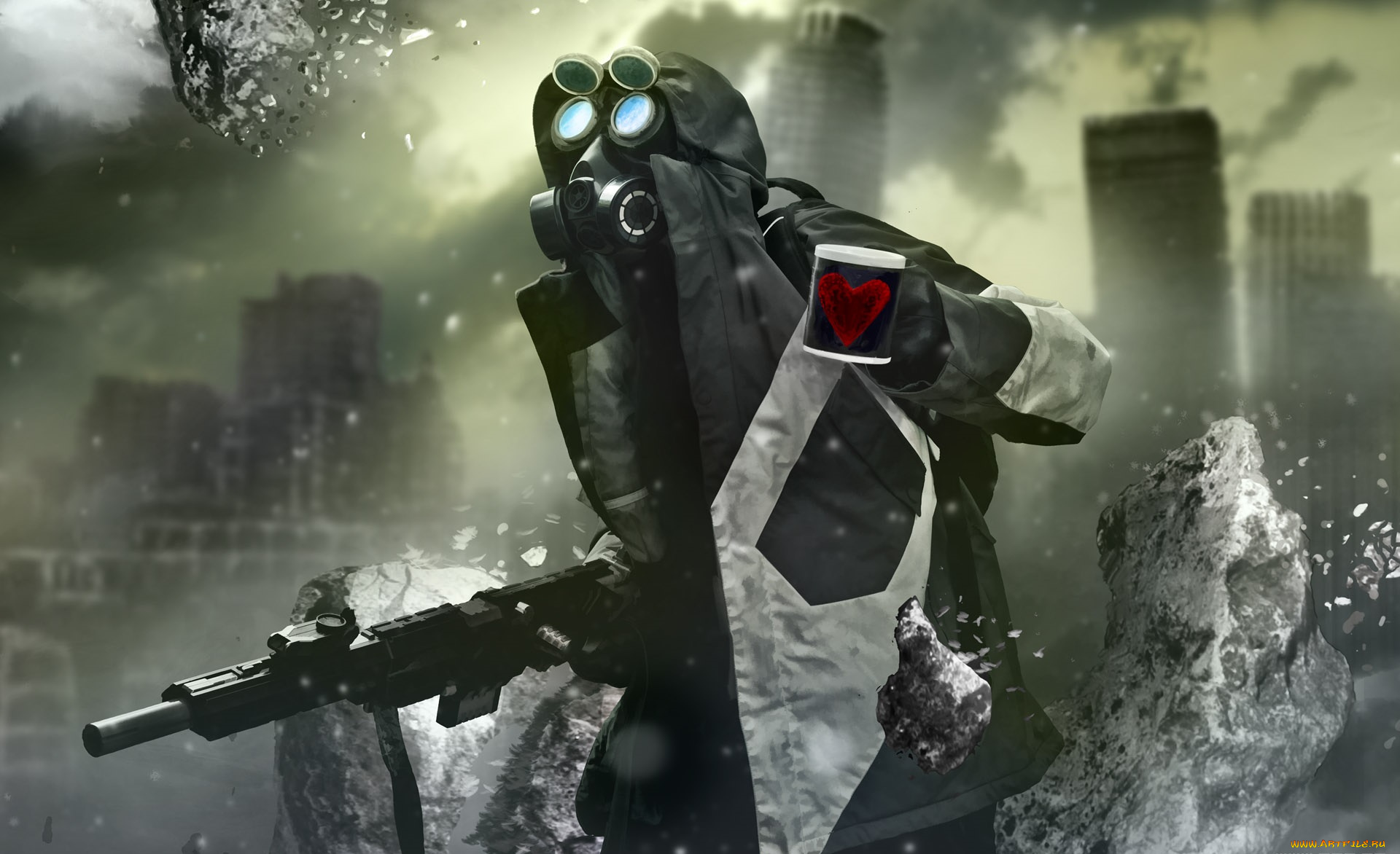 фэнтези, люди, камни, осколки, человек, противогаз, оружие, чашка, сердечко, красное, капюшон, туман, руины
