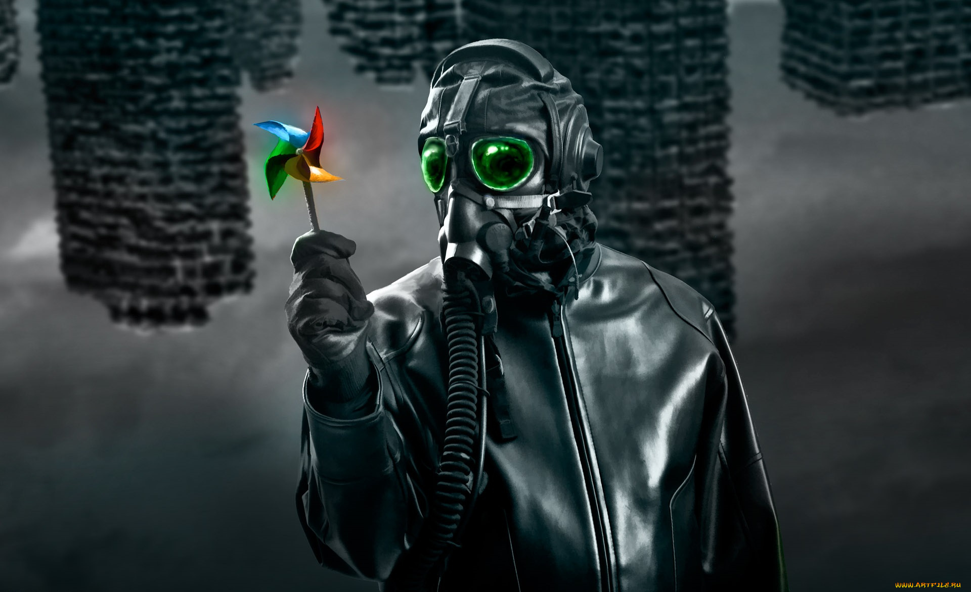 фэнтези, люди, руины, здания, каркасы, зелёные, куртка, перчатки, игрушка, вертушка, противогаз, человек
