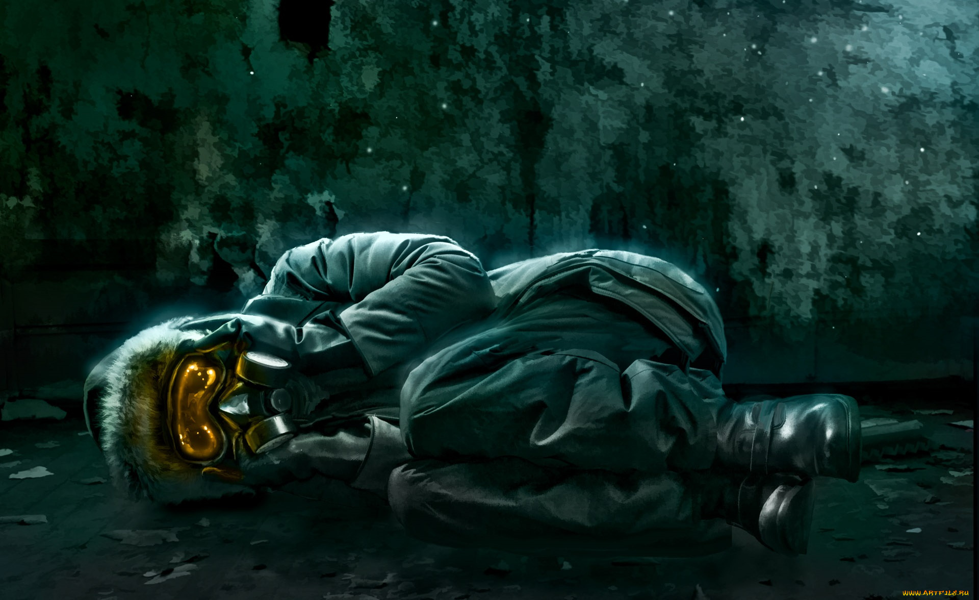 фэнтези, люди, человек, капюшон, один, противогаз, жёлтые, снежинки, серость