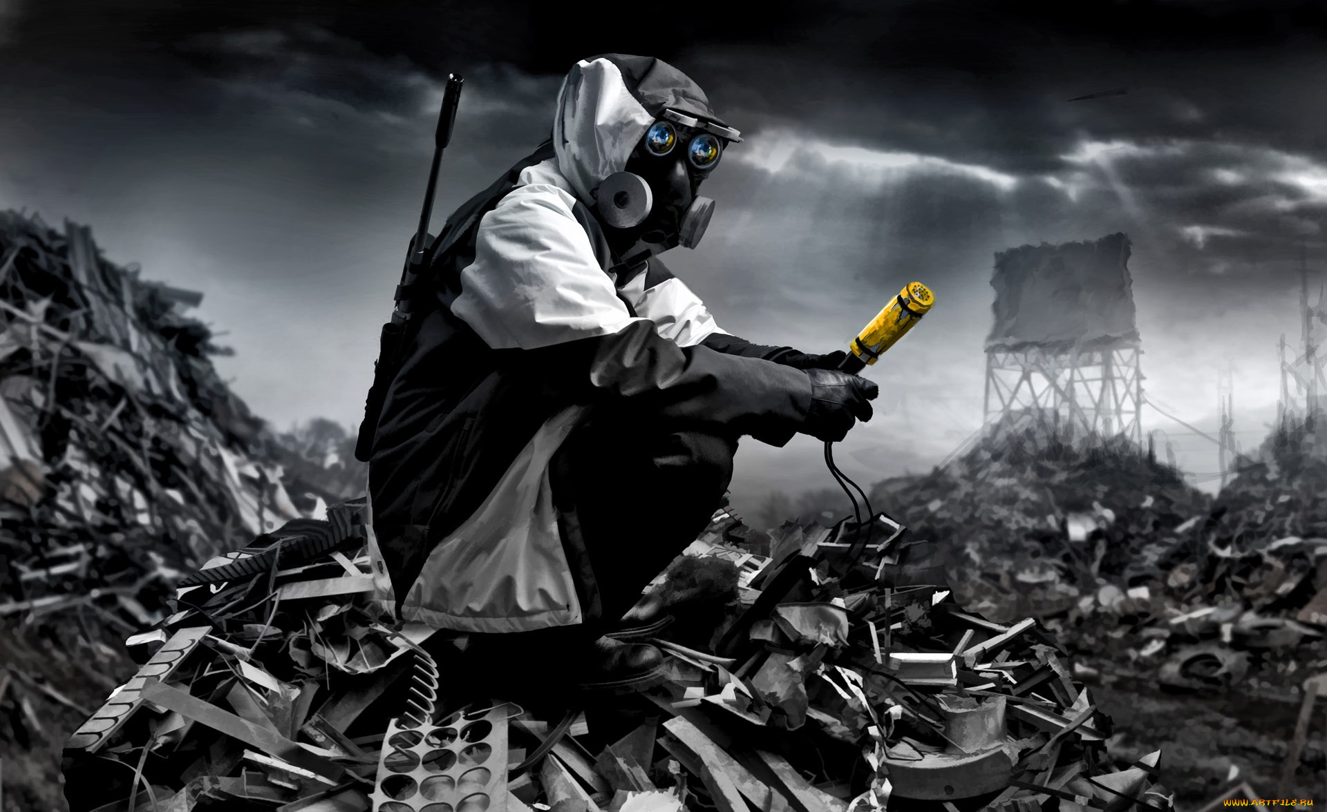 фэнтези, люди, куртка, небо, человек, лучи, противогаз, капюшон, тучи, свалка, обломки