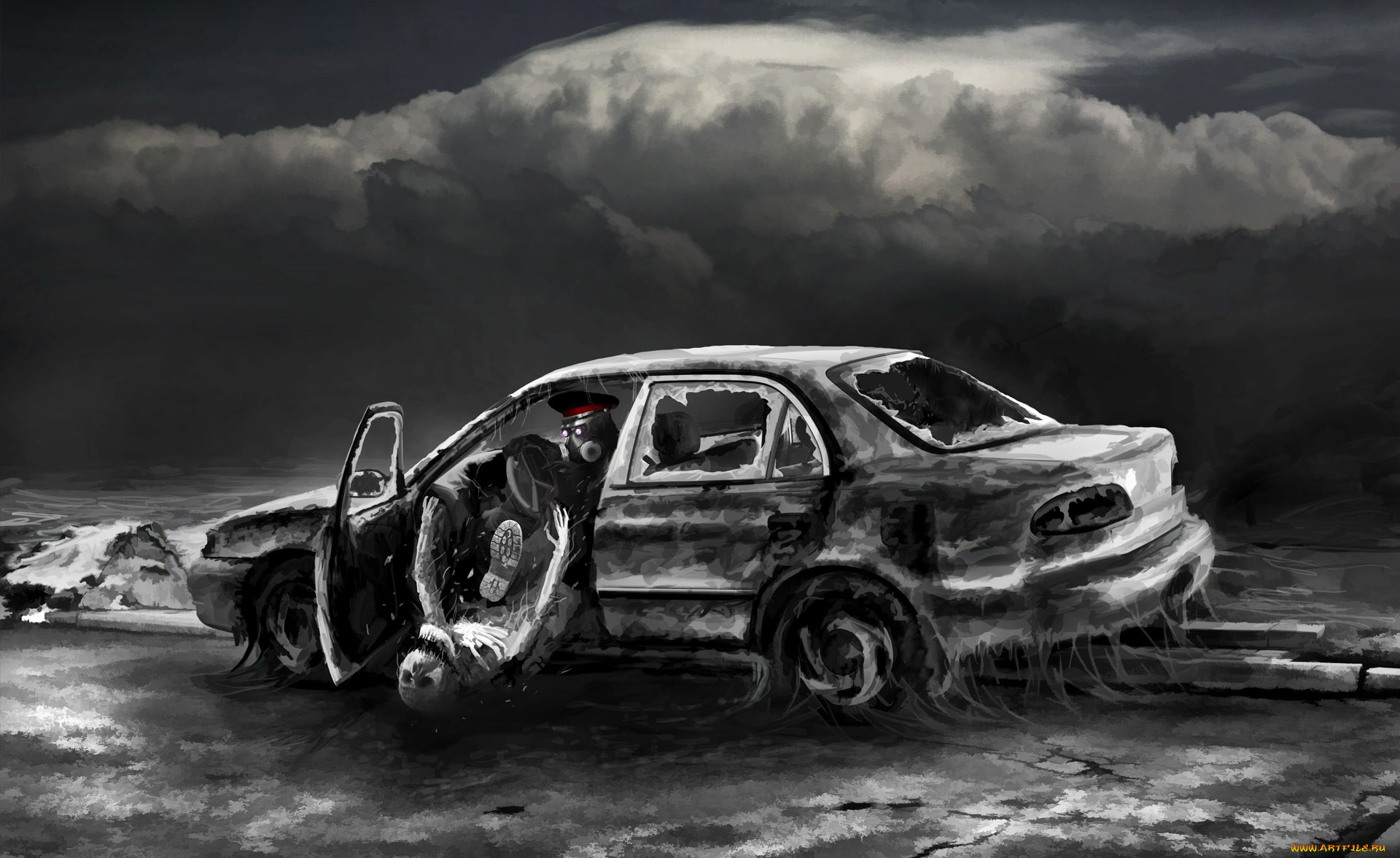 фэнтези, люди, скелет, автомобиль, облака, небо, серость, машина, разбитая, человек