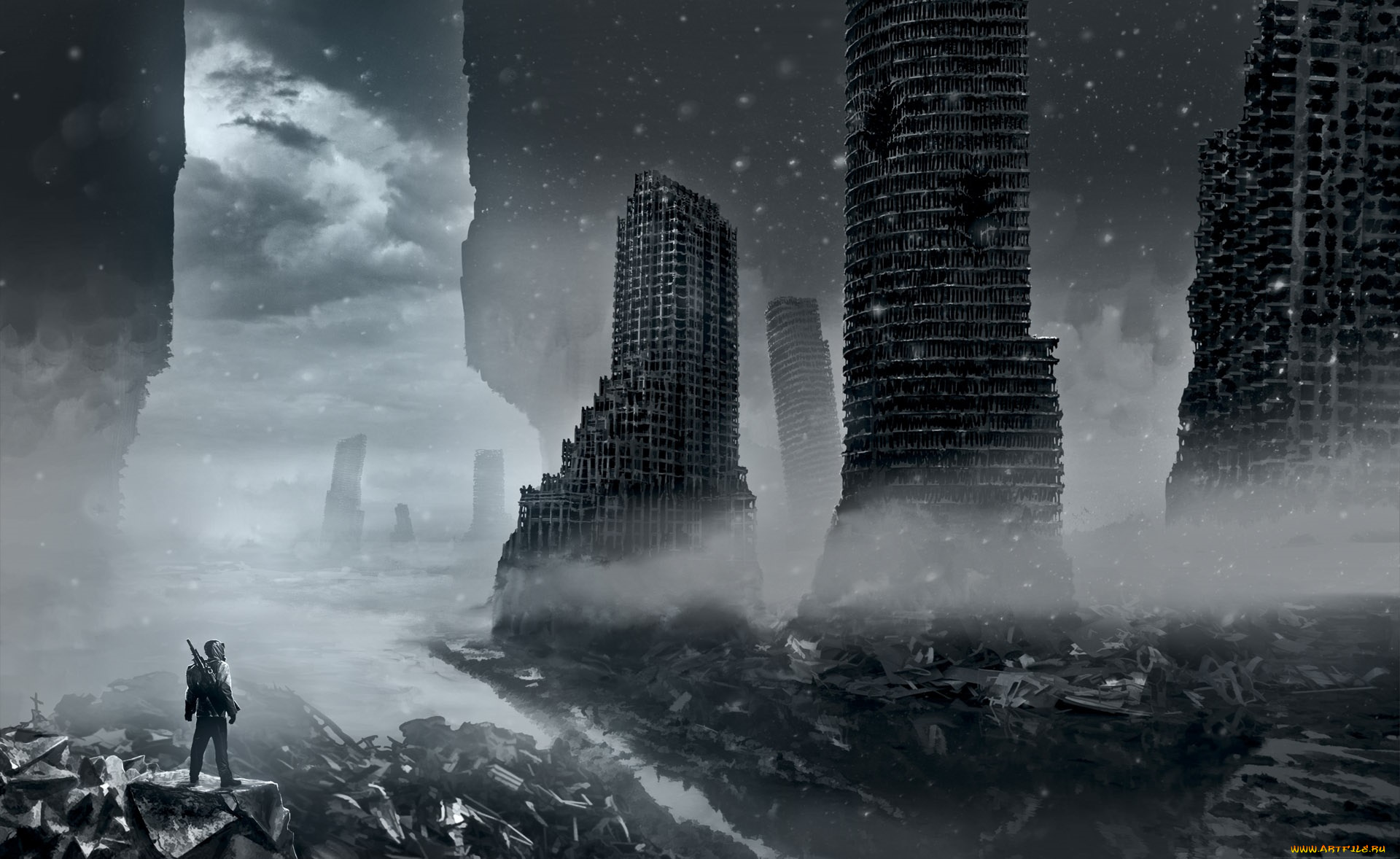 фэнтези, иные, миры, , иные, времена, обломки, каркасы, снег, туман, человек, здания, руины, облака, вода, небо