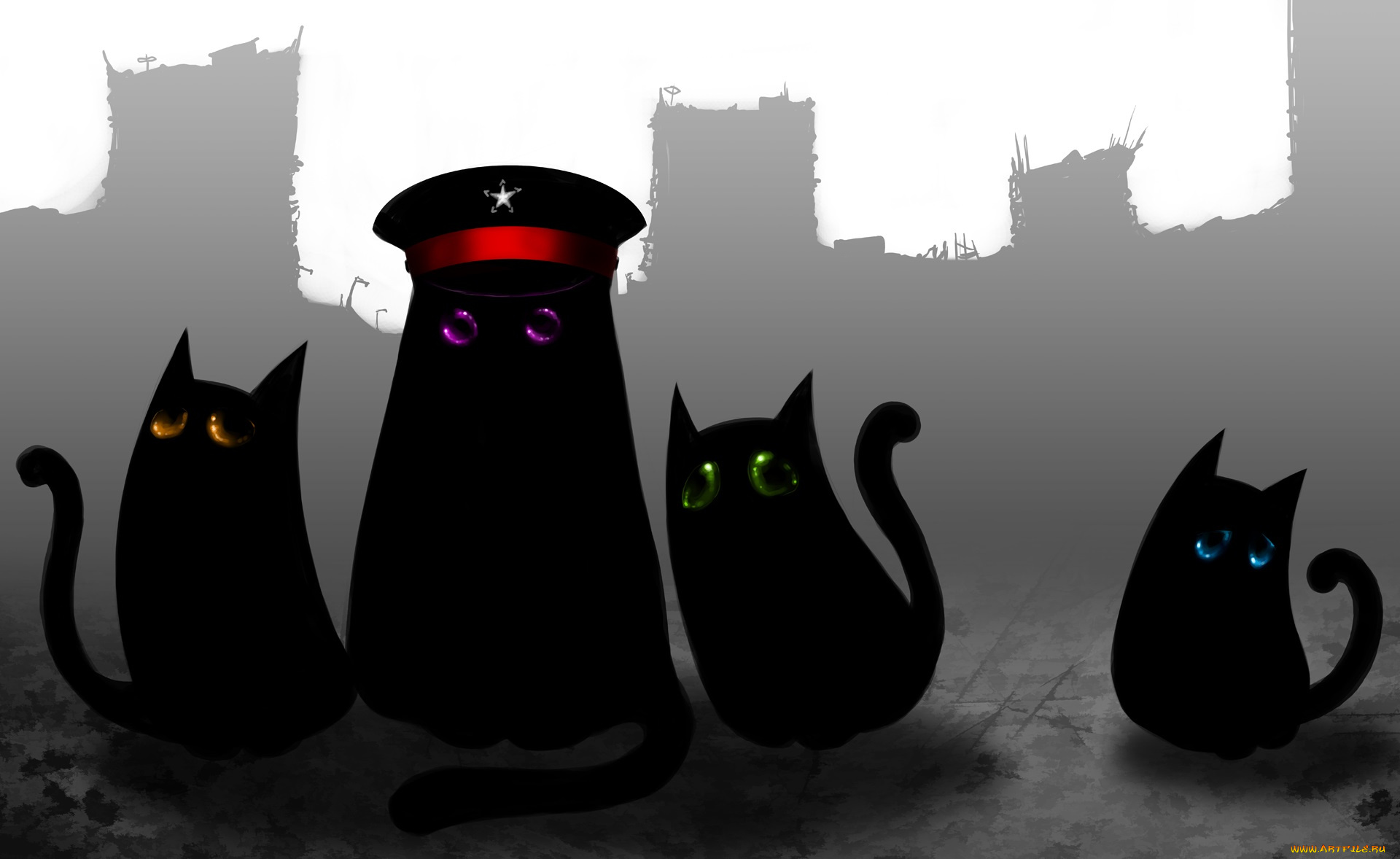 фэнтези, существа, силуэты, зелёные, чёрные, фиолетовые, жёлтые, глаза, коты, развалины, голубые