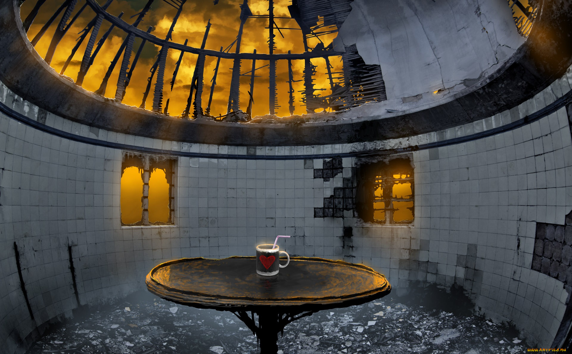 фэнтези, иные, миры, , иные, времена, небо, облака, осколки, стол, комната, окна, развалины, чашка, трубочка, сердечко