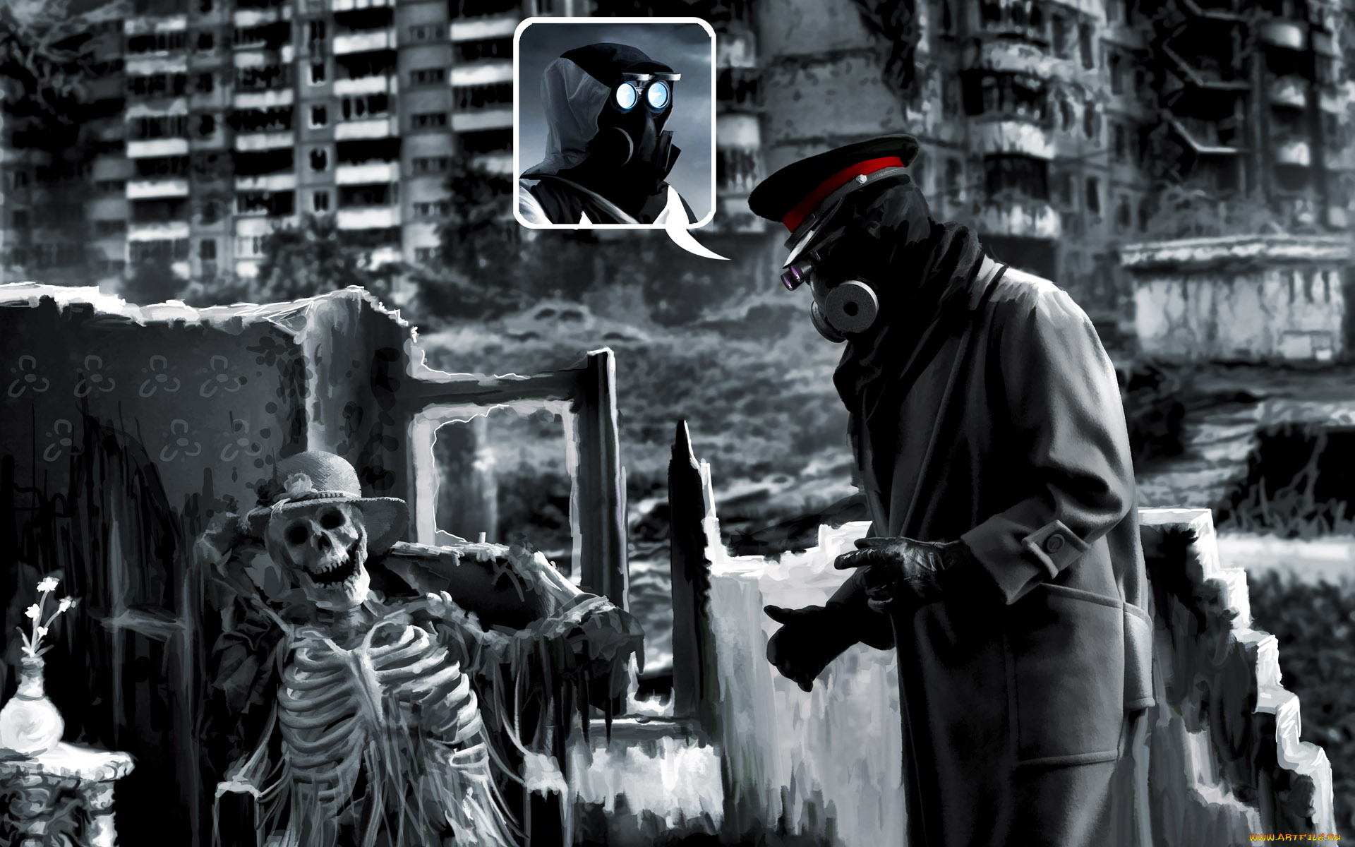 фэнтези, люди, человек, противогаз, плащ, воспоминания, развалины, шляпка, скелет