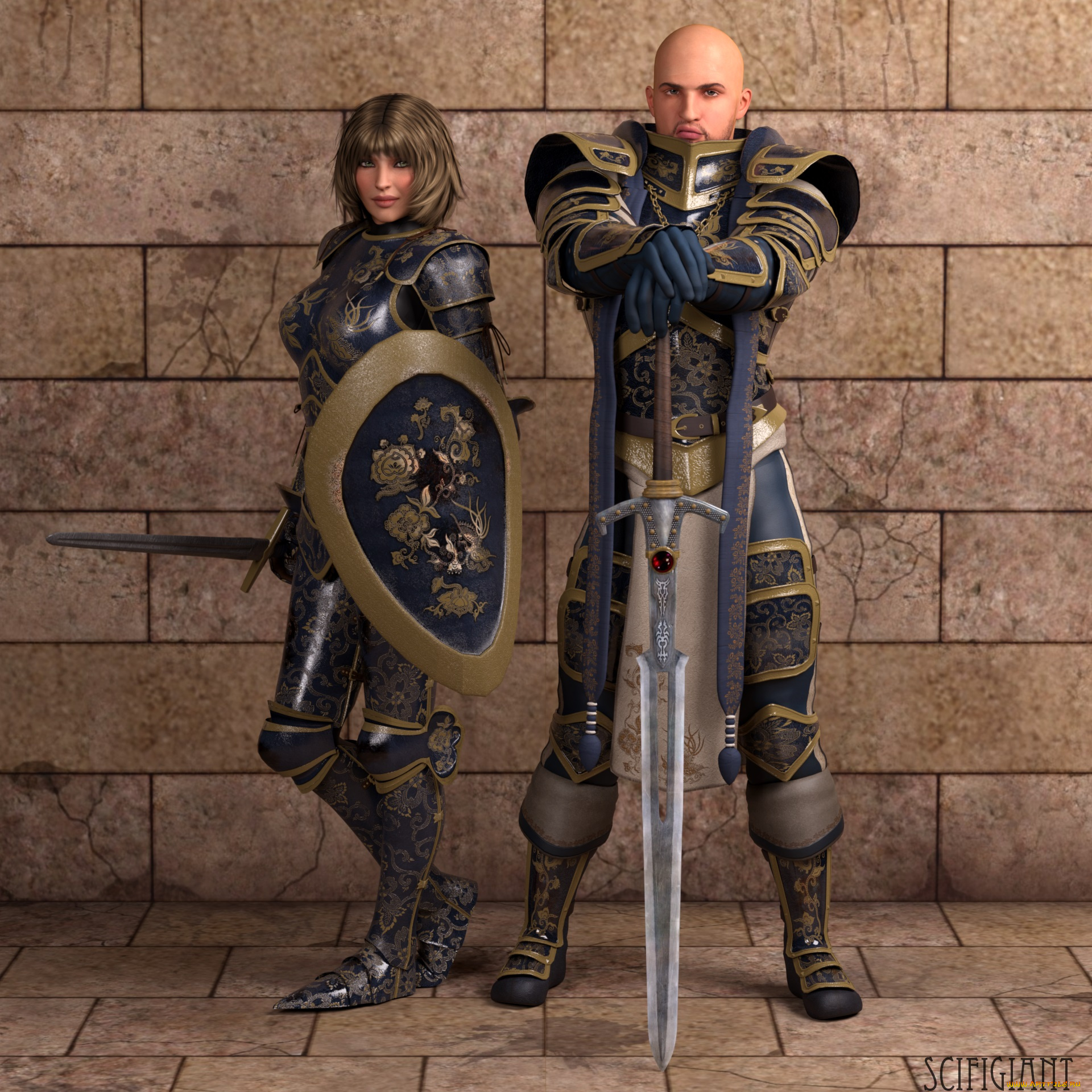 3д, графика, fantasy, , фантазия, мечи, доспехи, мужчина, девушка