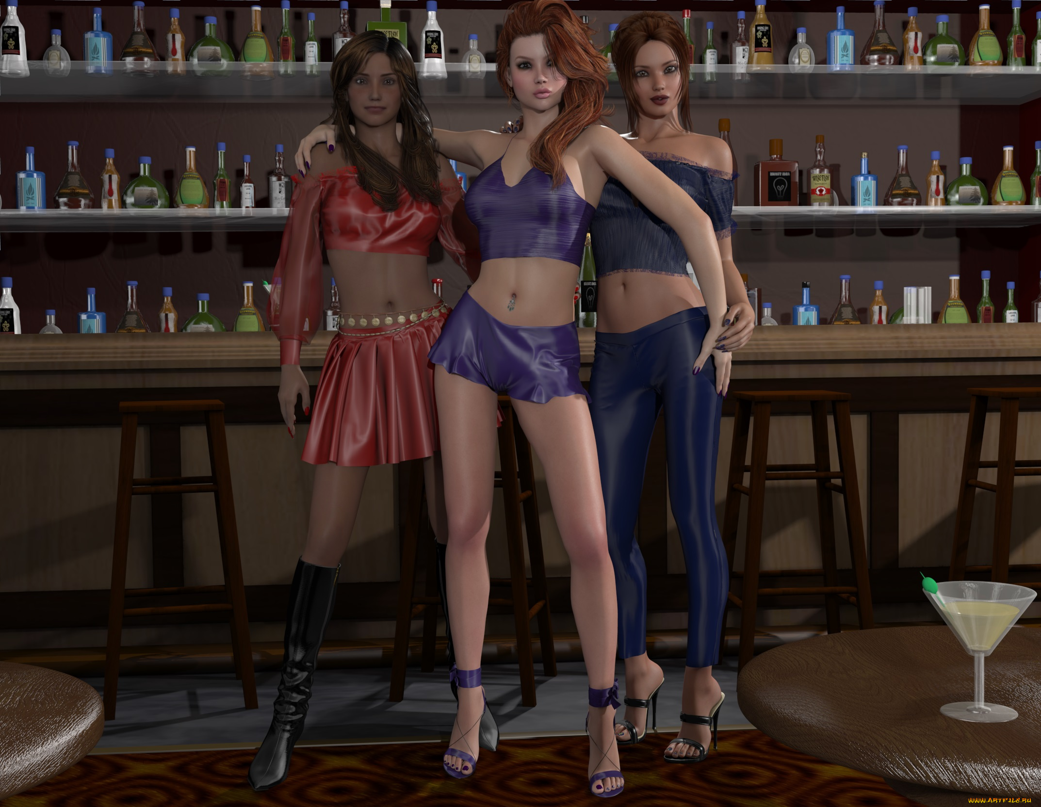 3д, графика, people, , люди, бар, девушки, вино, столы