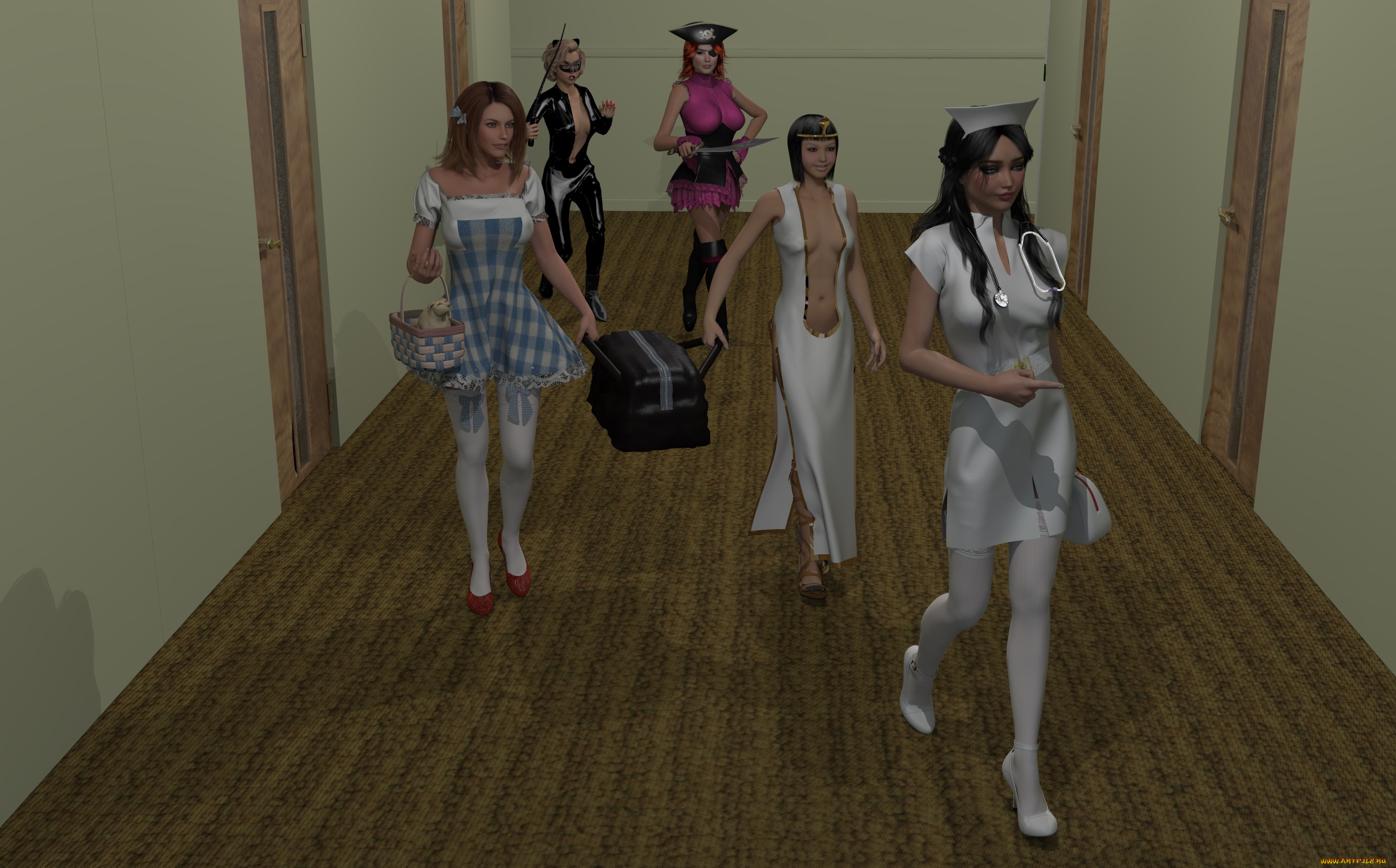 3д, графика, fantasy, , фантазия, девушки, коридор