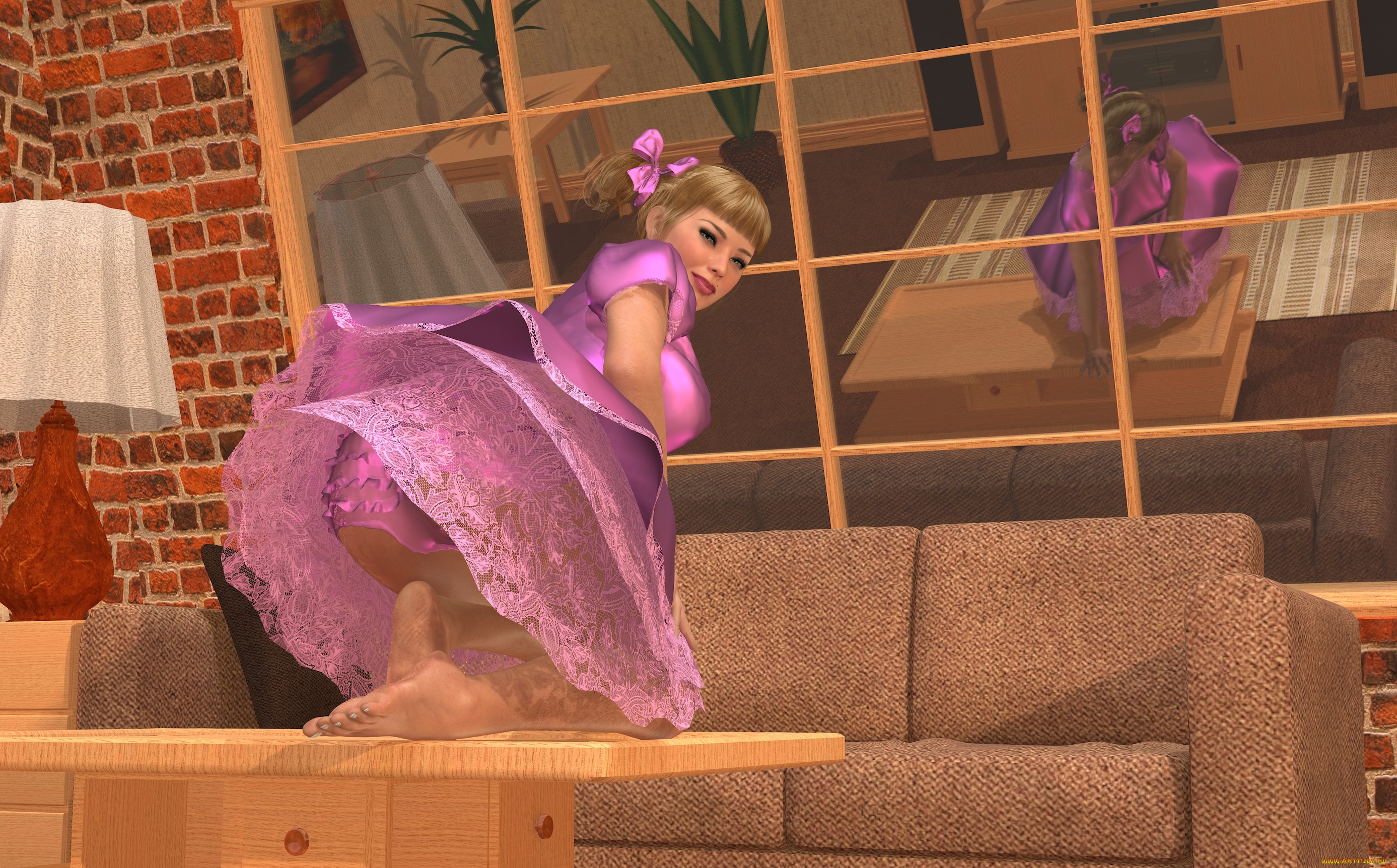 3д, графика, people, , люди, девушка, диван, стол, взгляд, улыбка