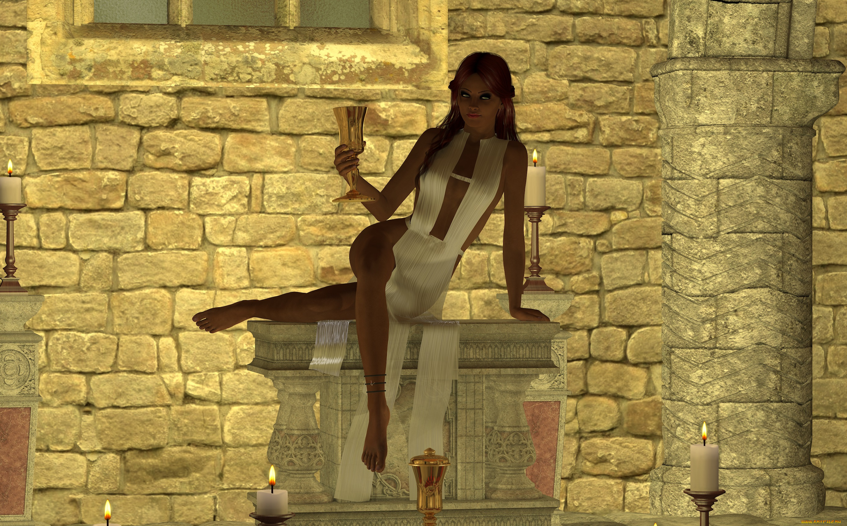 3д, графика, people, , люди, девушка, взгляд, свеча, чаша
