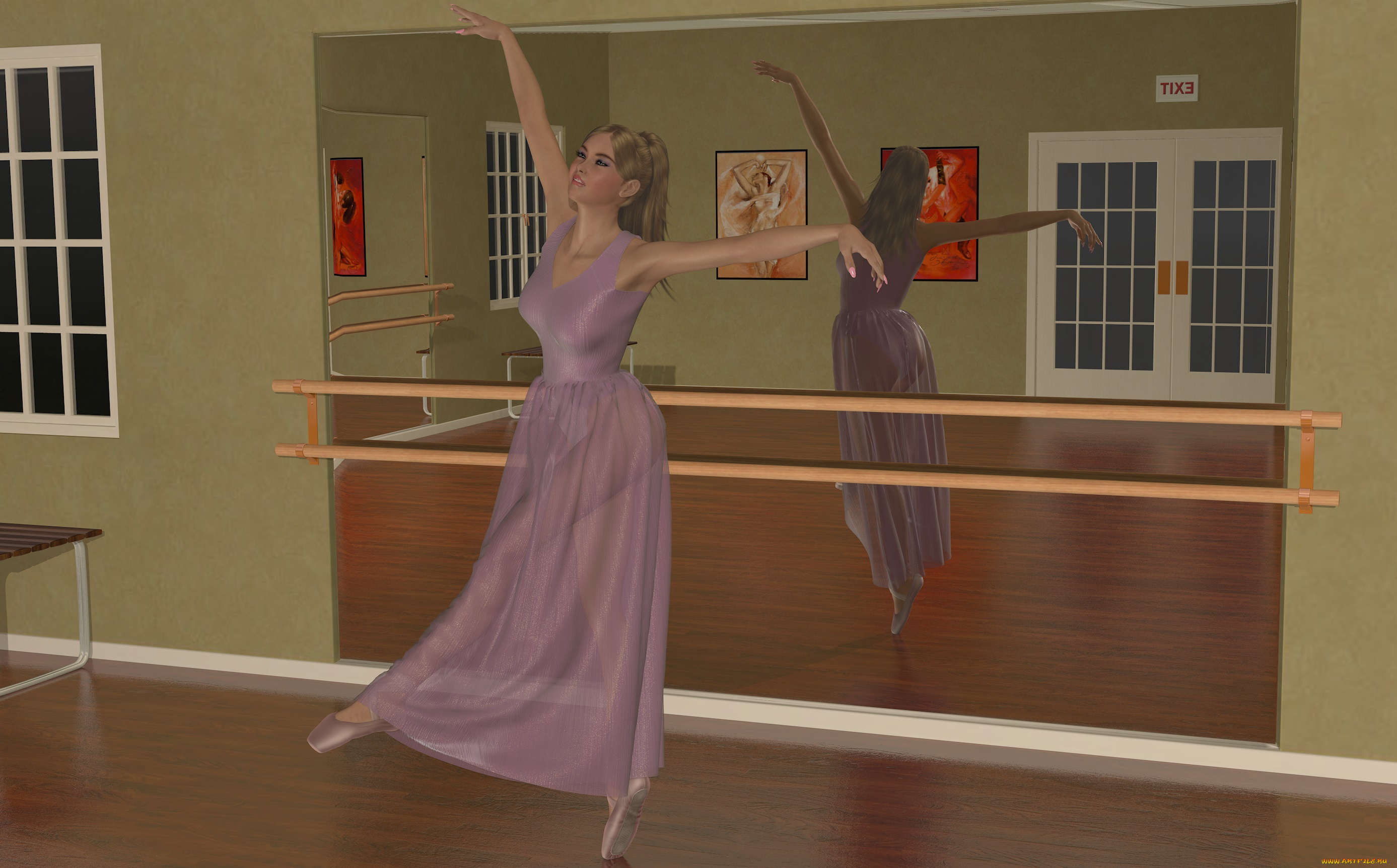 3д, графика, people, , люди, зеркало, зал, балерина, девушка