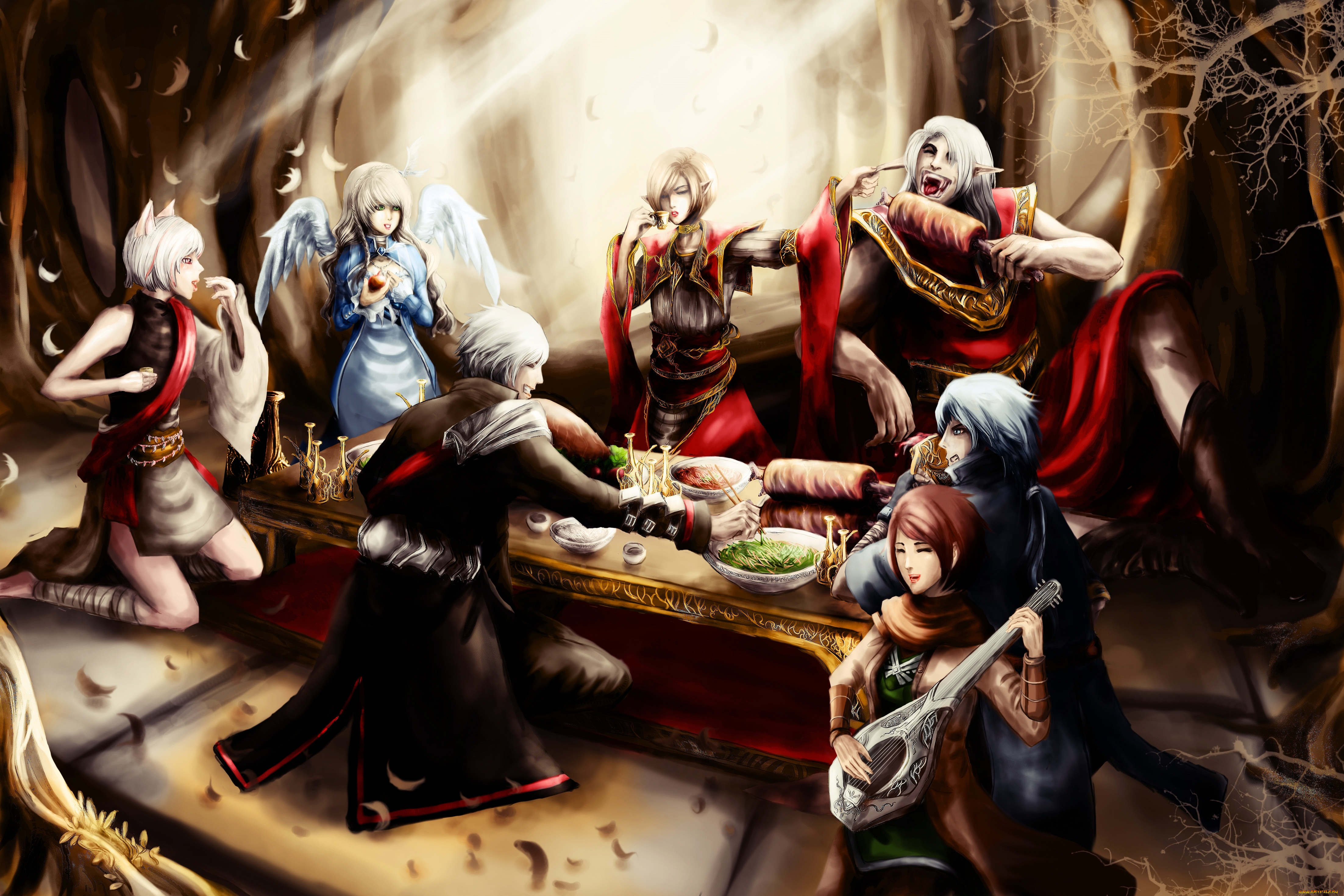 фэнтези, эльфы, ангелы, угощения, стол, вампиры