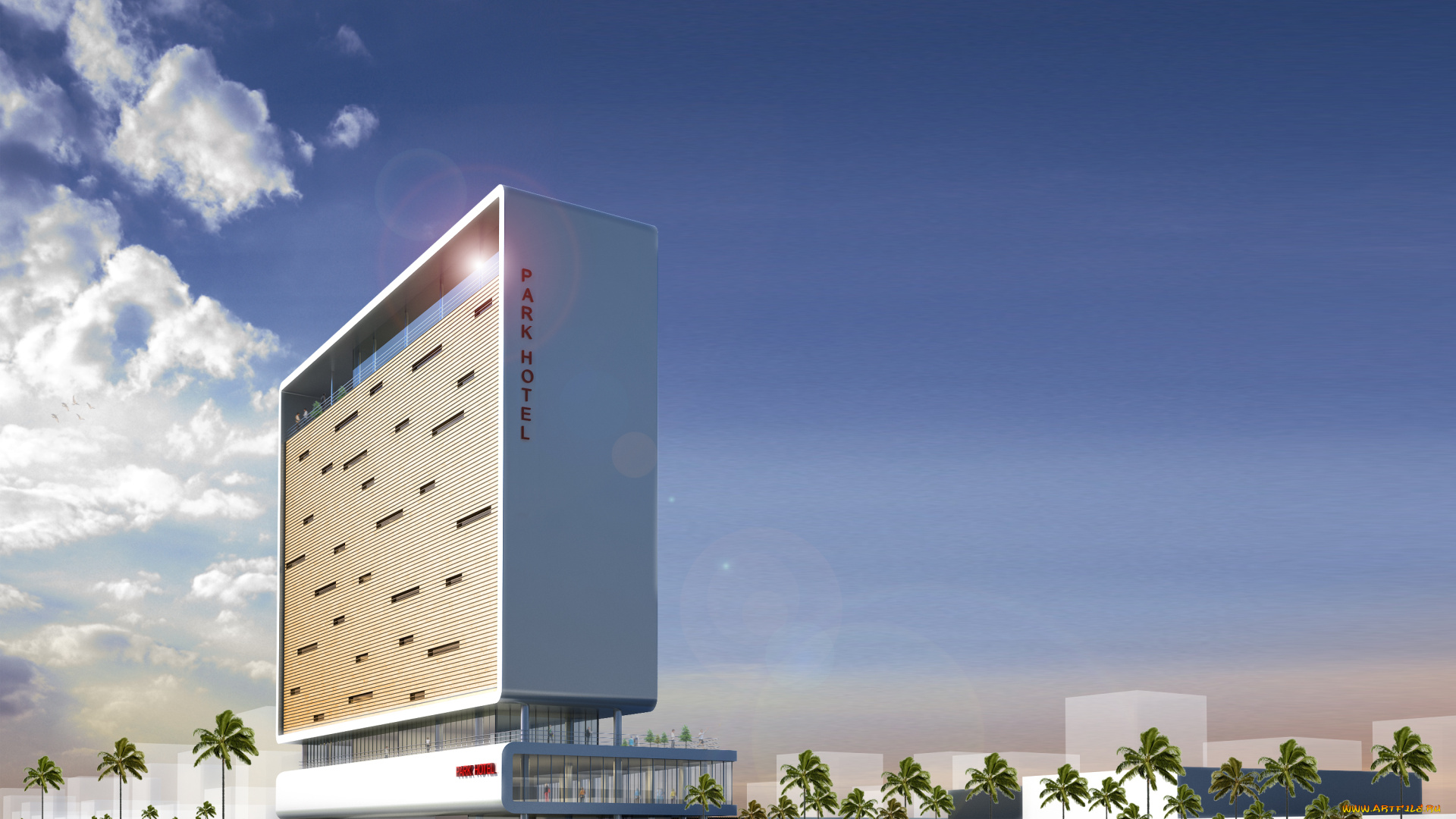 3д, графика, архитектура, , architecture, пальмы, дорога, дом, облака, небо