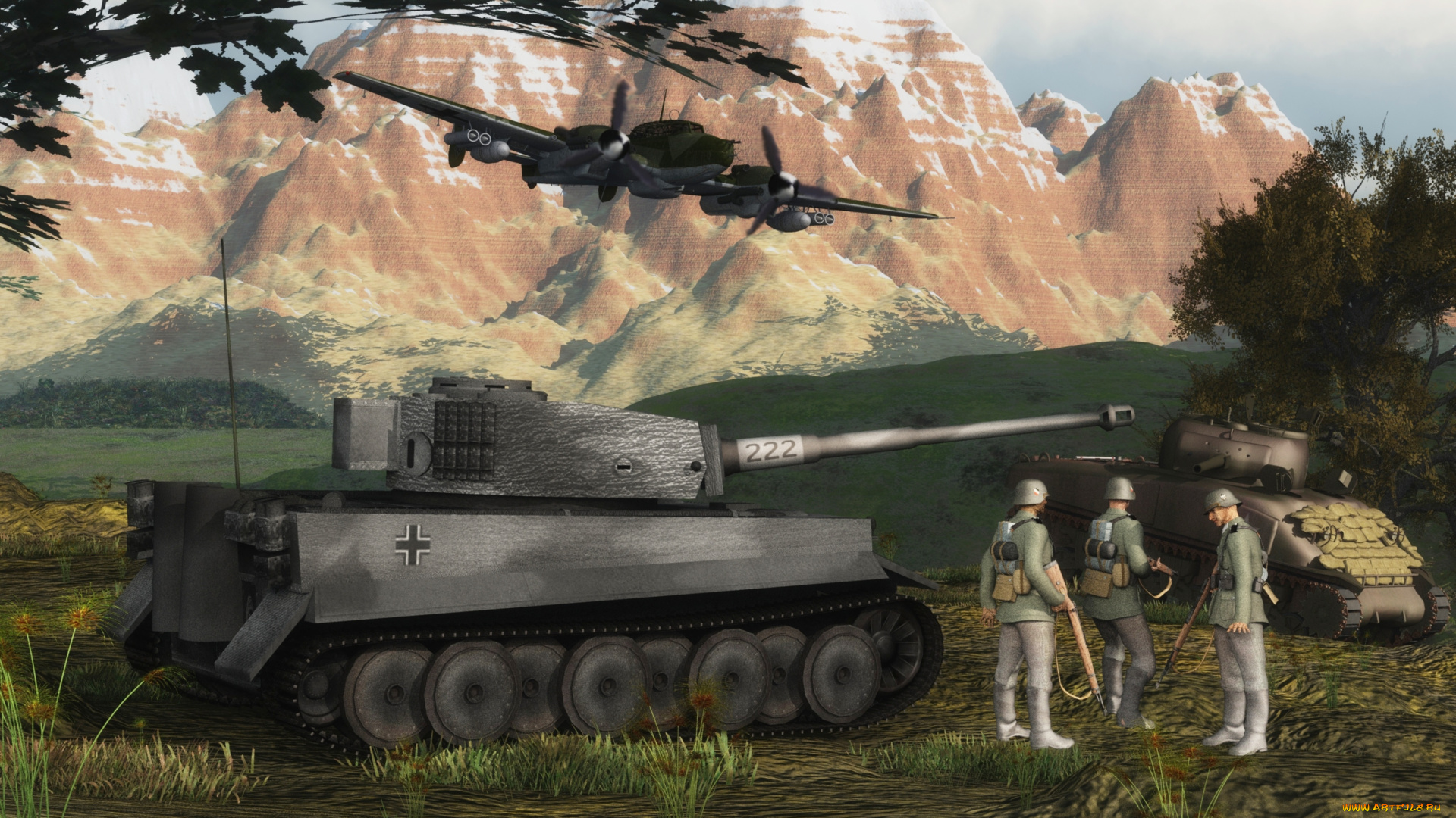 3д, графика, армия, , military, танк, фон, солдаты, самолет