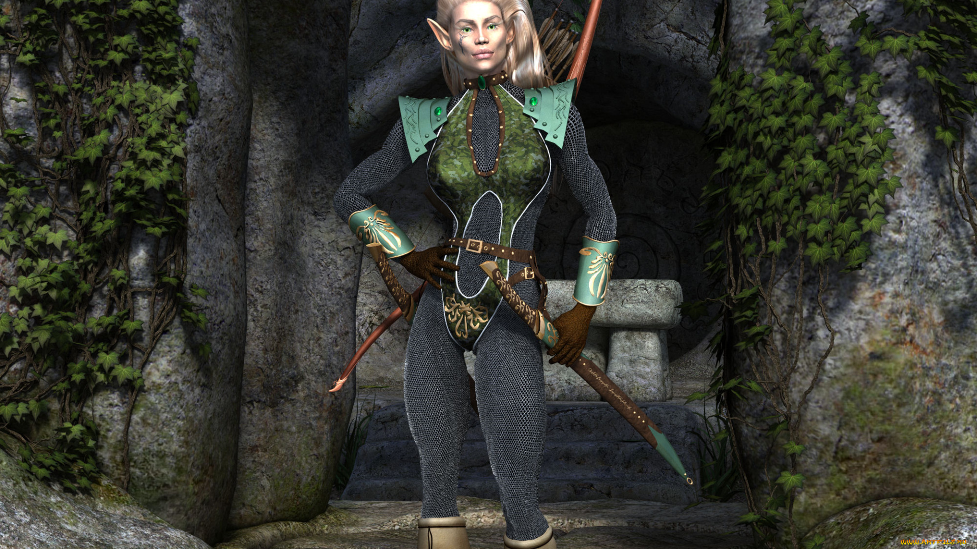 3д, графика, эльфы, , elves, эльфийка, взгляд, фон, оружие