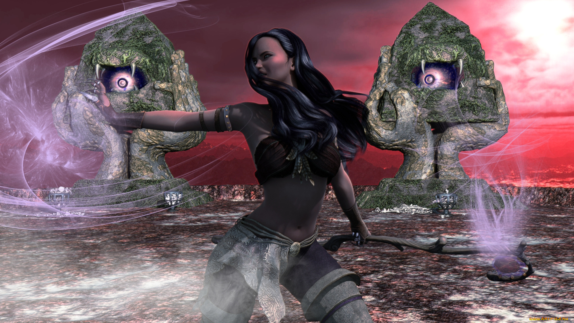 3д, графика, фантазия, , fantasy, девушка, взгляд, фон, оружие, магия