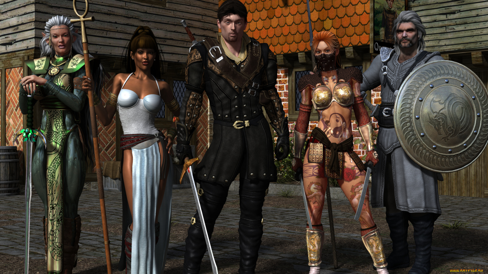 3д, графика, фантазия, , fantasy, девушки, взгляд, фон, оружие, мужчины, воины