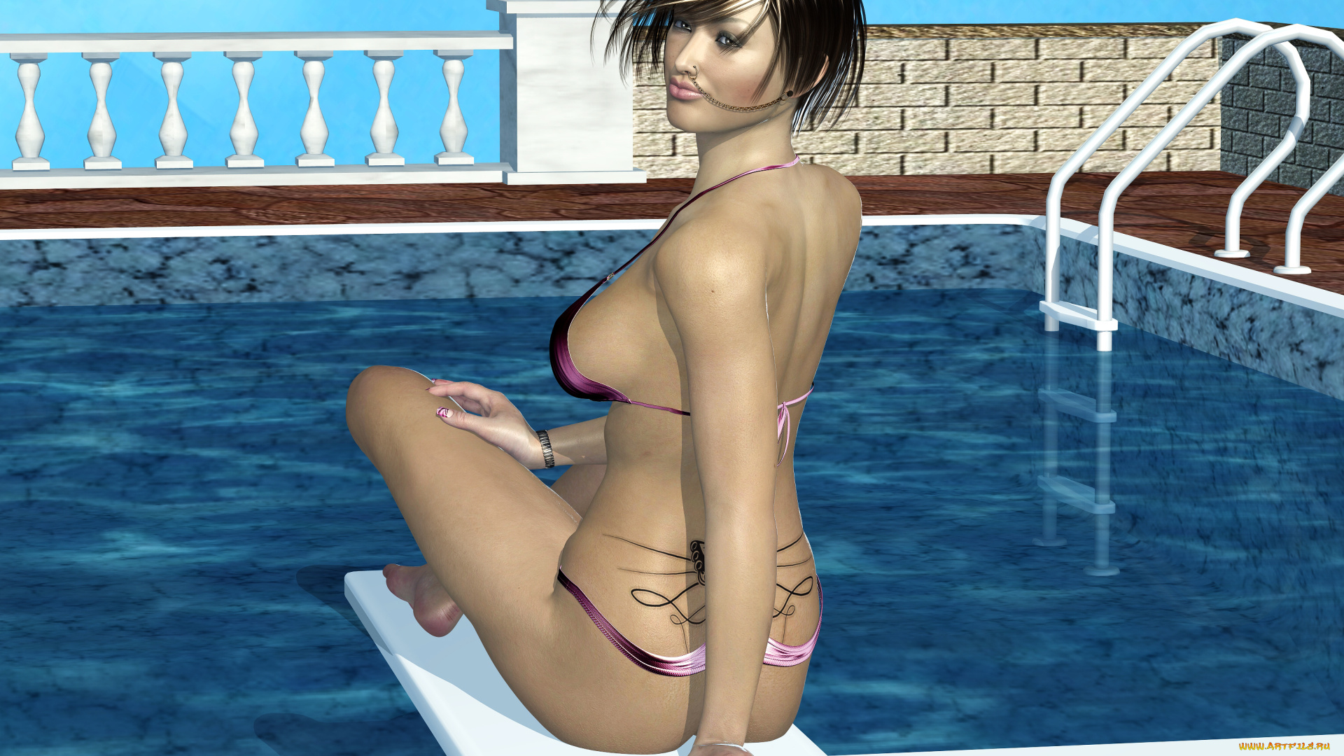 3д, графика, люди, , people, бассейн, фон, взгляд, девушка