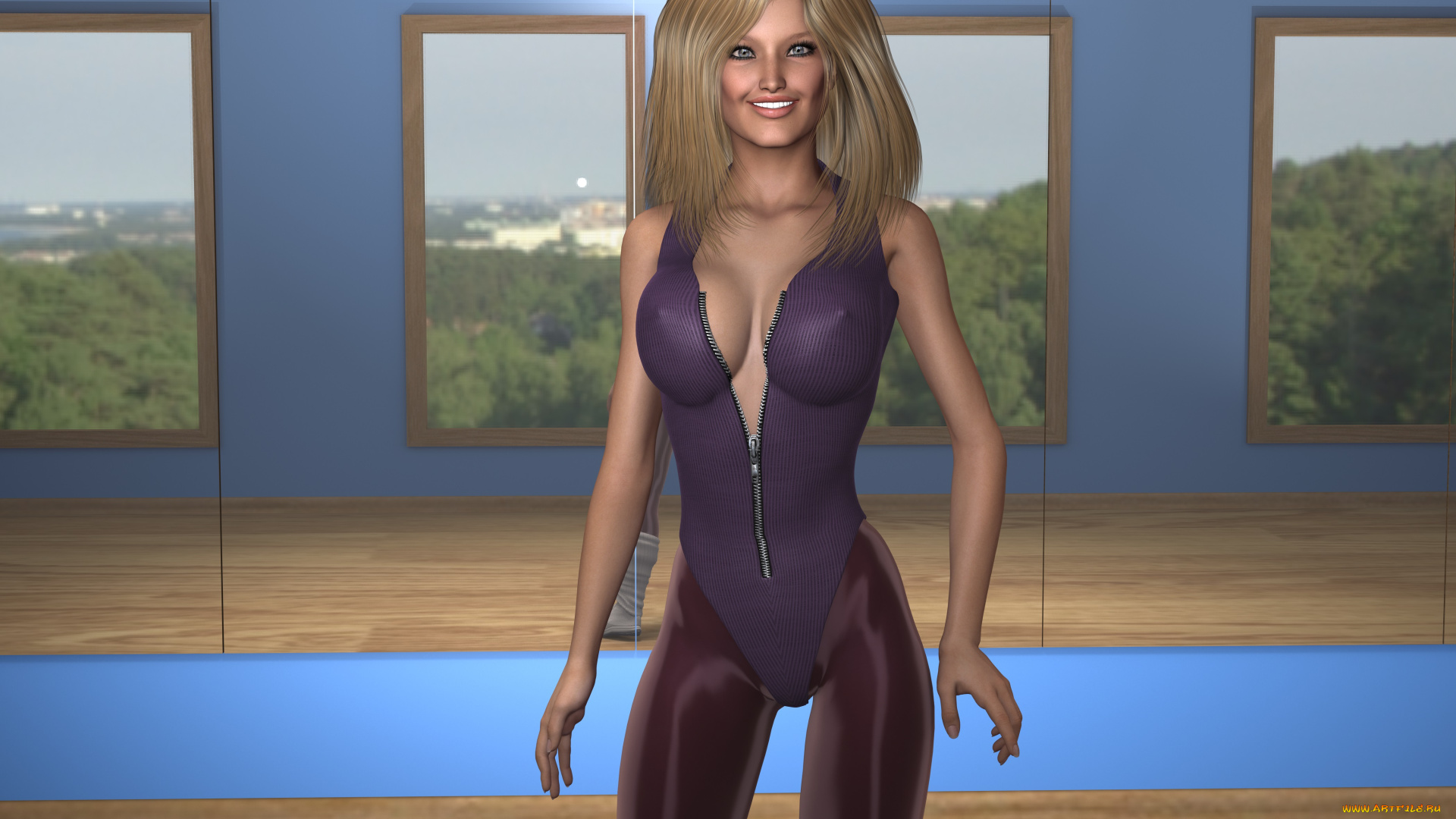 3д, графика, люди, , people, девушка, взгляд, фон, улыбка, спортзал, зеркала