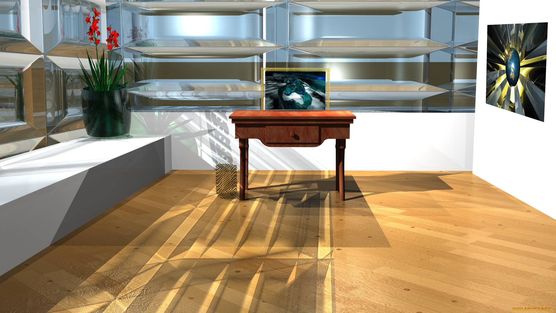 3д, графика, реализм, , realism, комната, стол, цветы