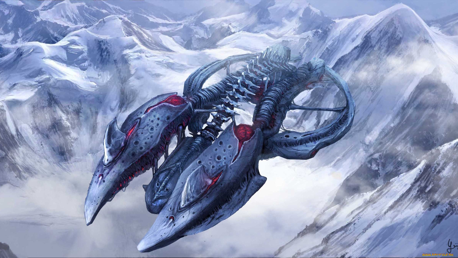 фэнтези, космические, корабли, , звездолеты, , станции, арт, корабль, полет, горы, снег