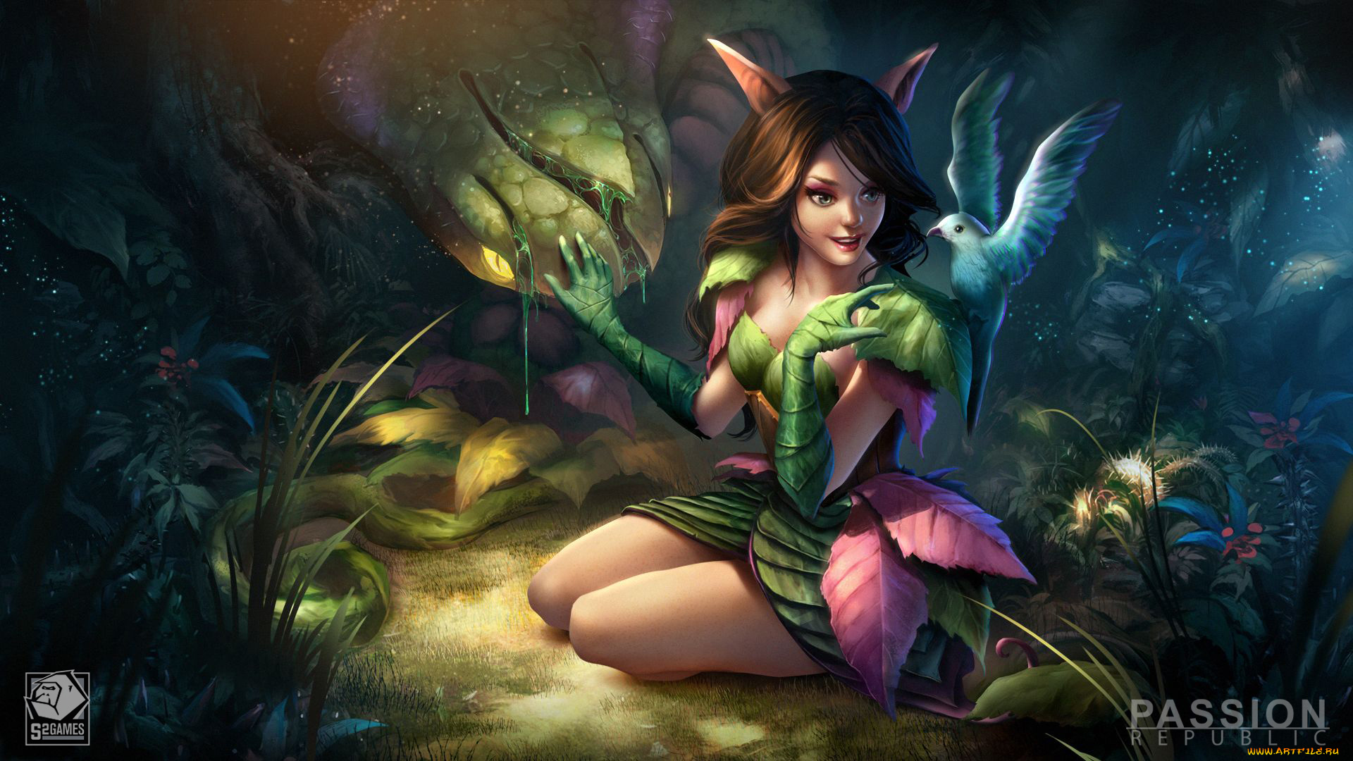 фэнтези, существа, арт, passion, republic, девушка, сидя, ушки, лес, птица