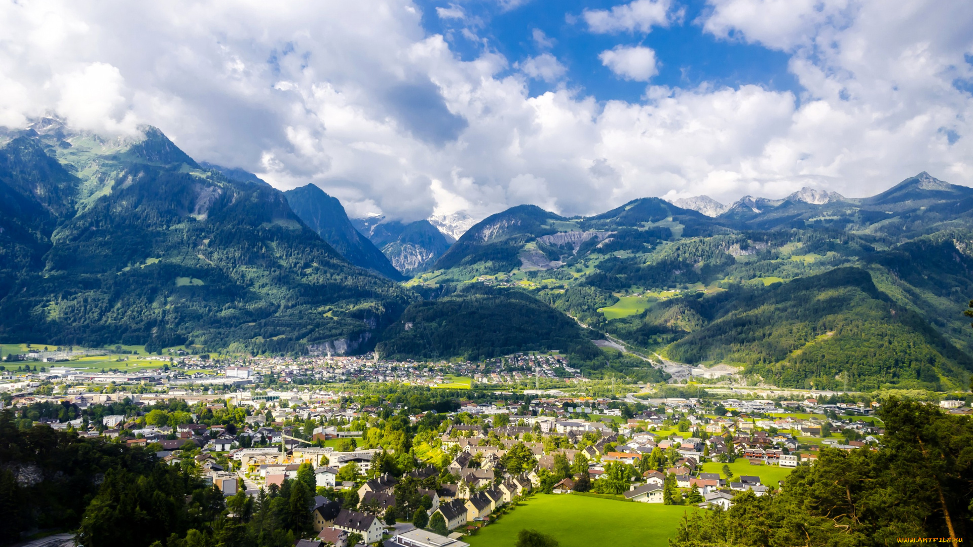 города, -, панорамы, город, дома, горы, облака, панорама