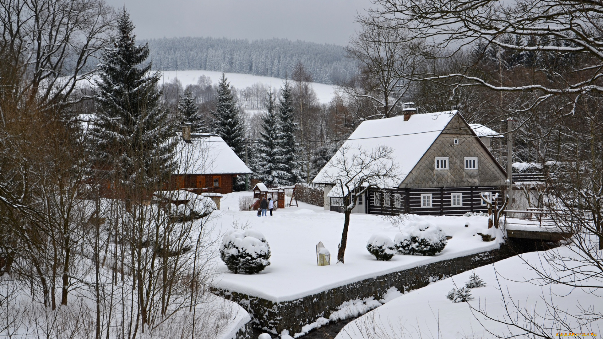 города, -, пейзажи, дом, дворик, зима, снег, деревья, кустарники