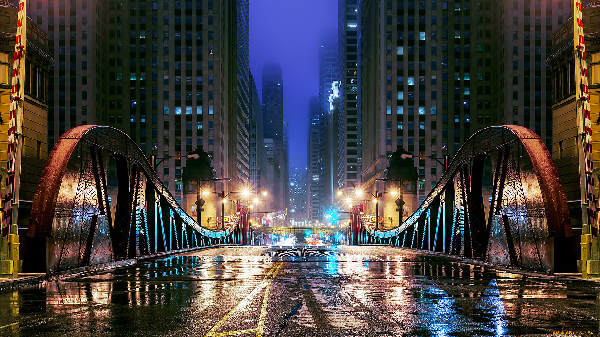 города, Чикаго, , сша, отражения, вода, лужи, здания, небоскребы, огни, вечер, ночь, улица, дорога, мост, город, иллинойс, Чикаго, usa, illinois, chicago