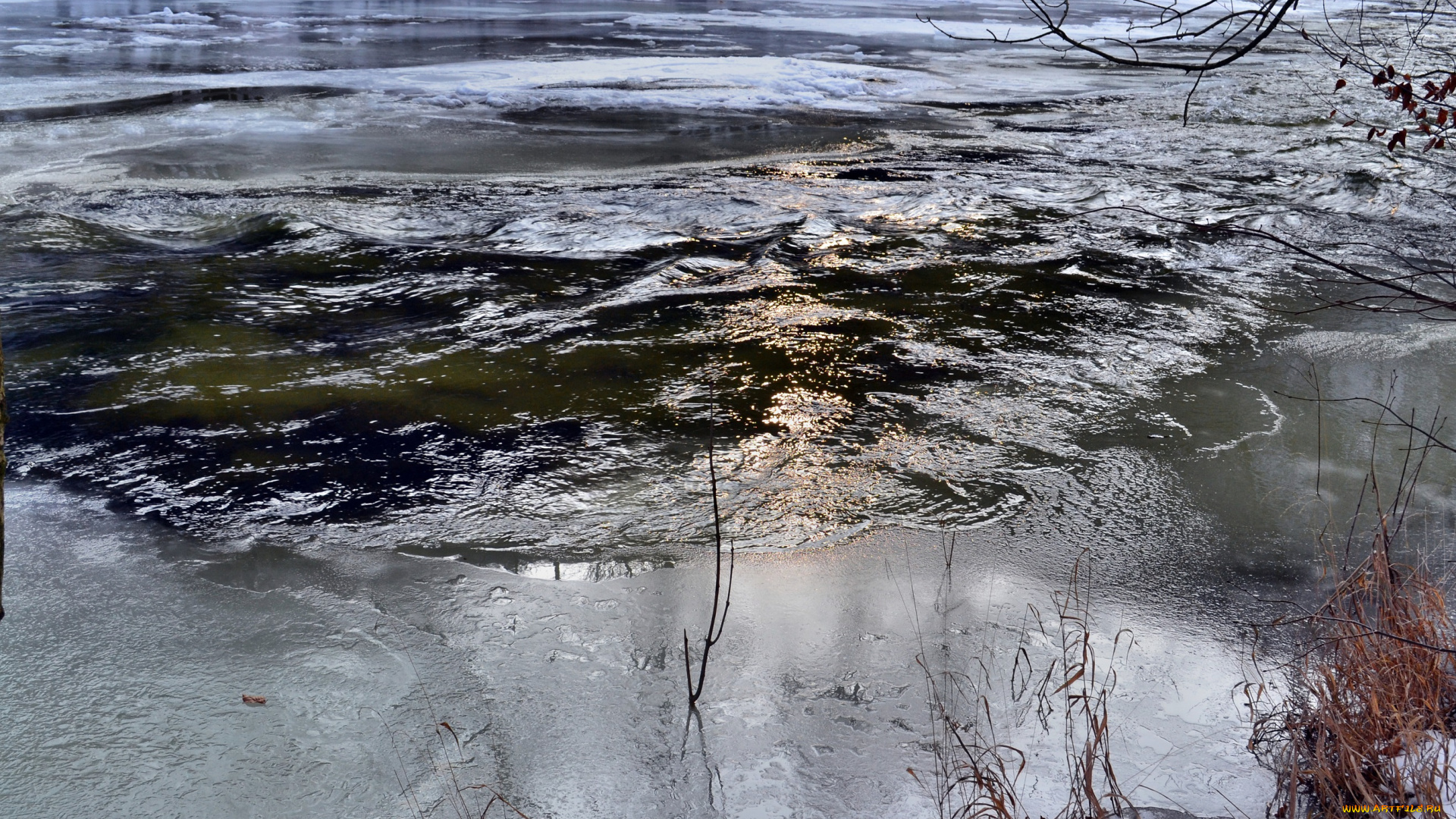 природа, реки, озера, вода, бурлит, зима, река