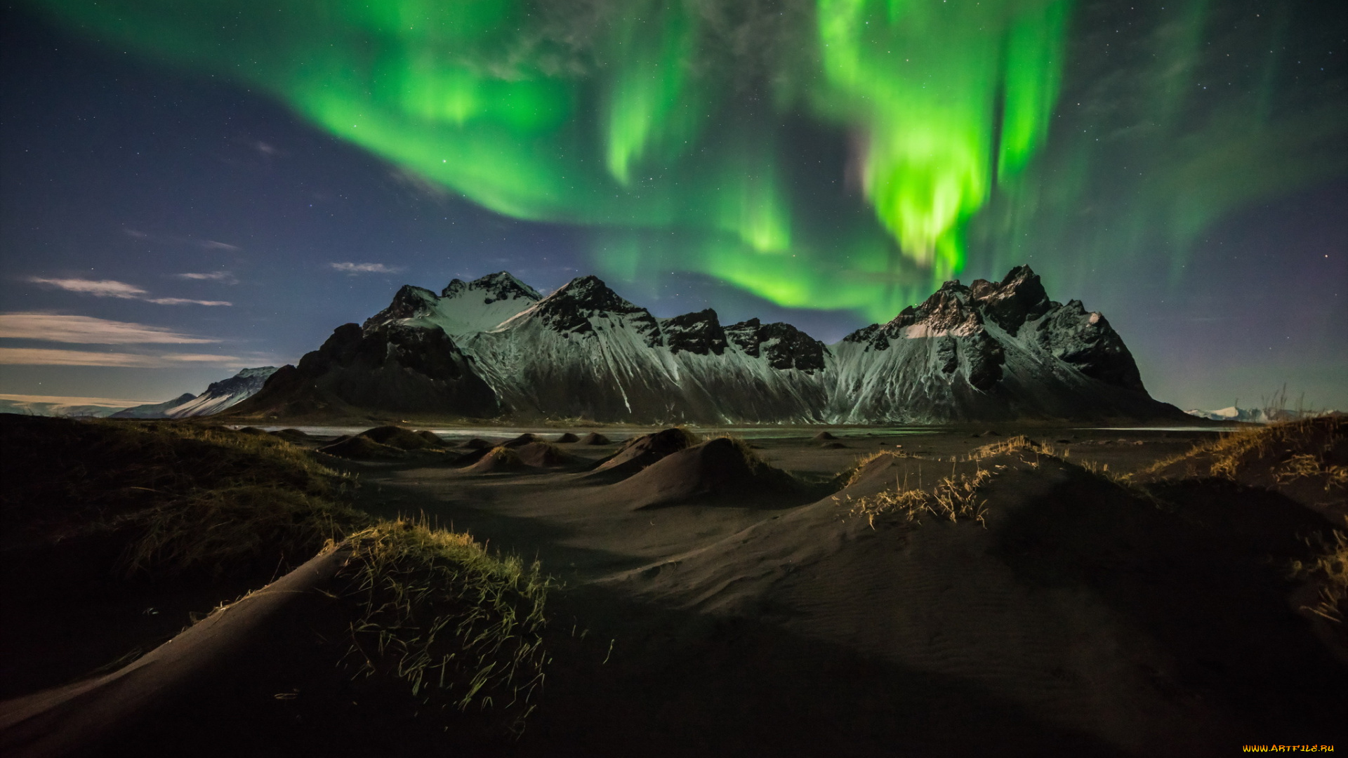 природа, северное, сияние, горы, сияние, ночь
