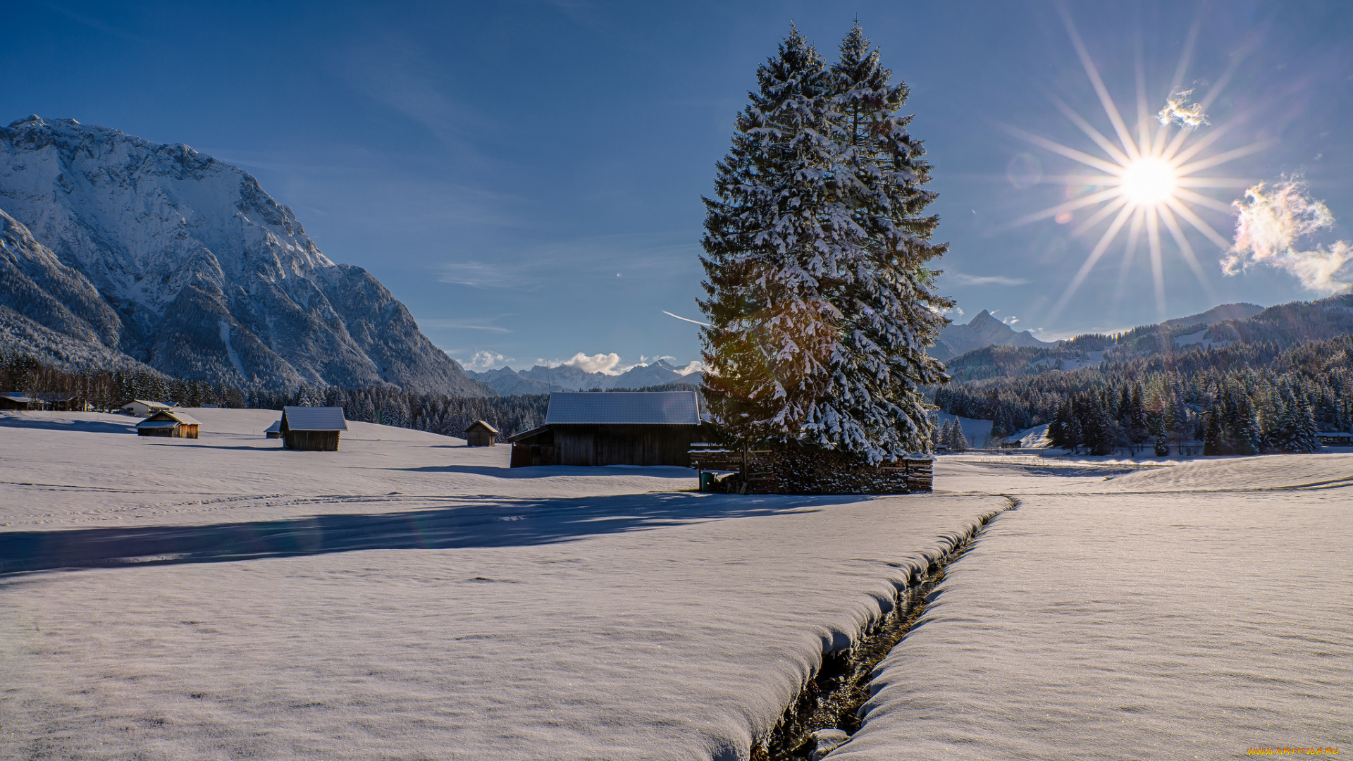 природа, зима, горы, долина, снег, солнце