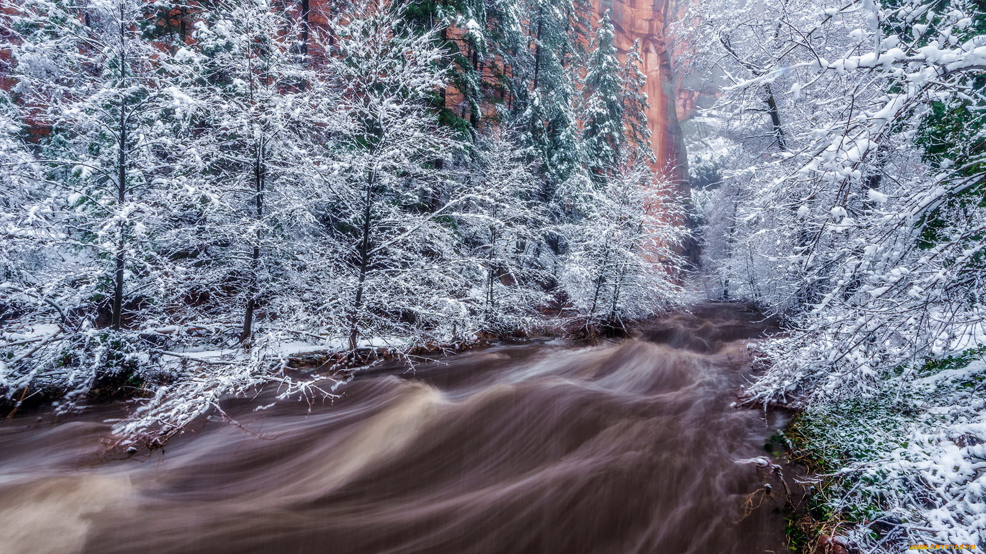 природа, зима, горы, река, снег, деревья, поток, пейзаж