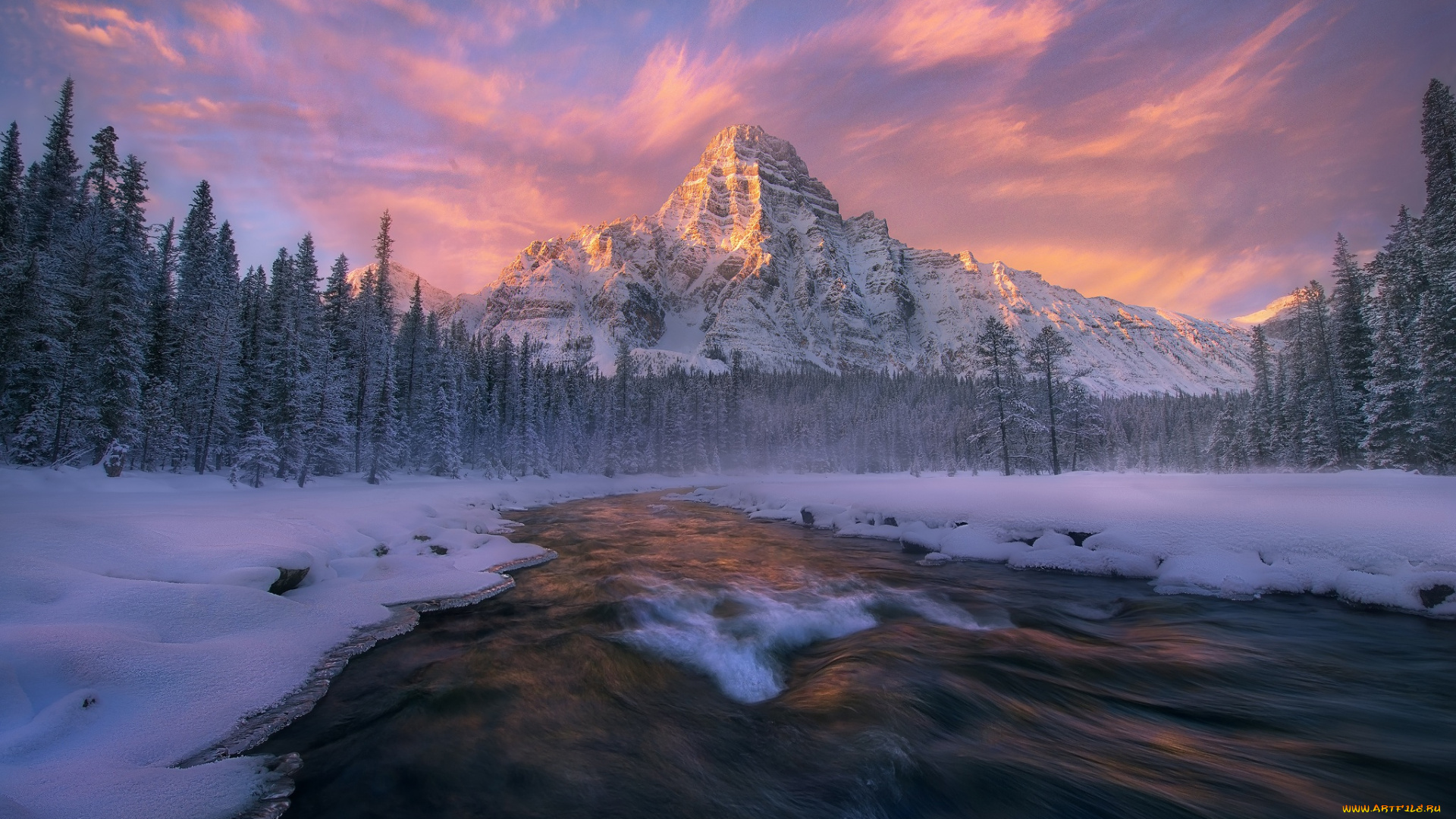природа, зима, канада, альберта, национальный, парк, банф, гора, Чефрен, лес, река, поток, снег