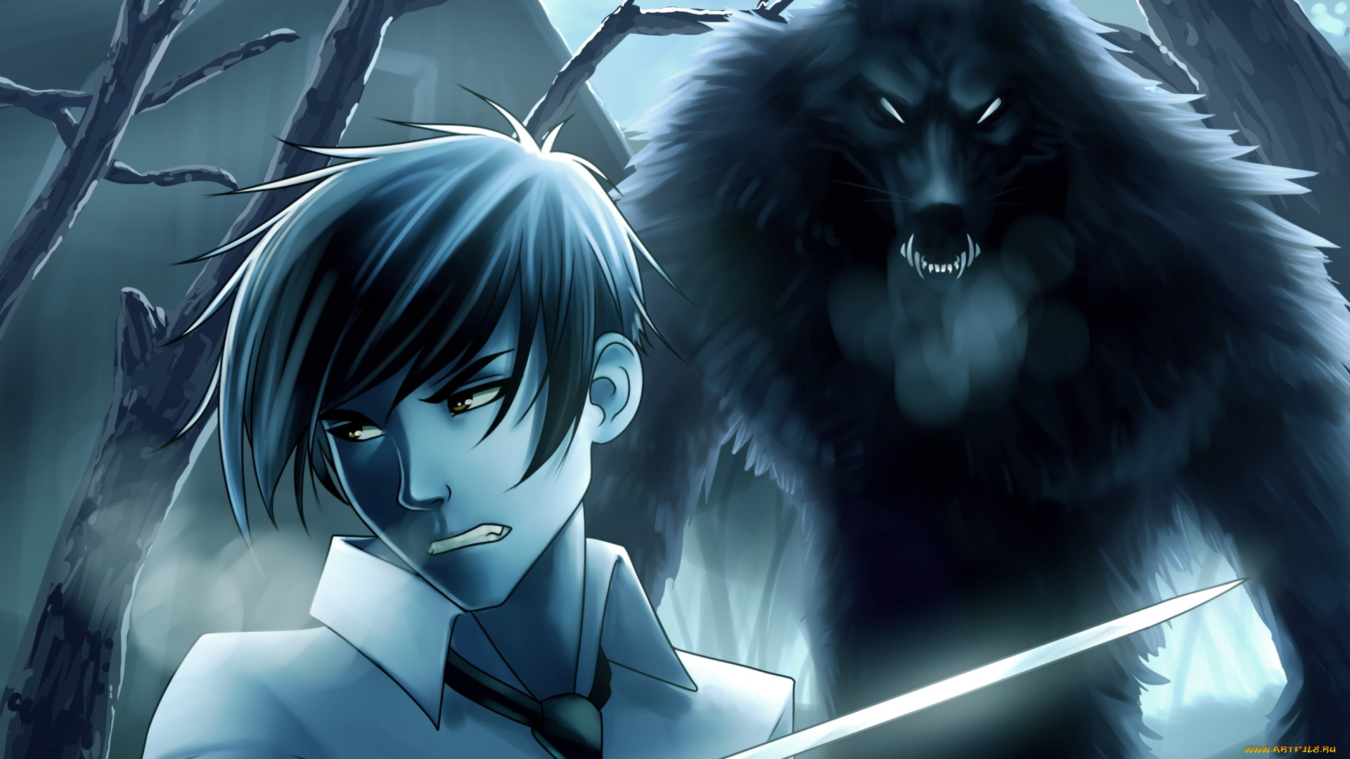 разное, арты, парень, оборотень, ночь, лезвие, клинок, полнолуние, луна, фантастика, волк