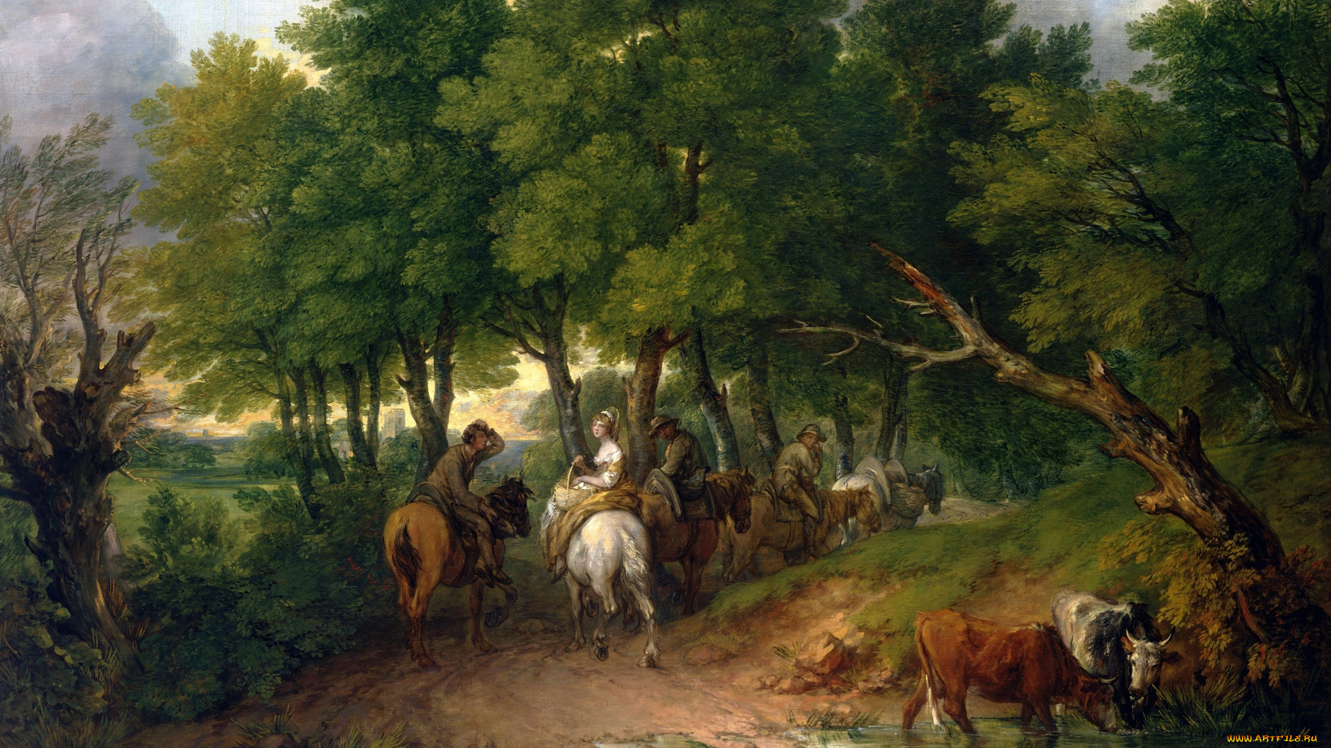 рисованное, живопись, thomas, gainsborough, road, from, market, картина, пейзаж, дорога, деревья, люди, лошади, корова