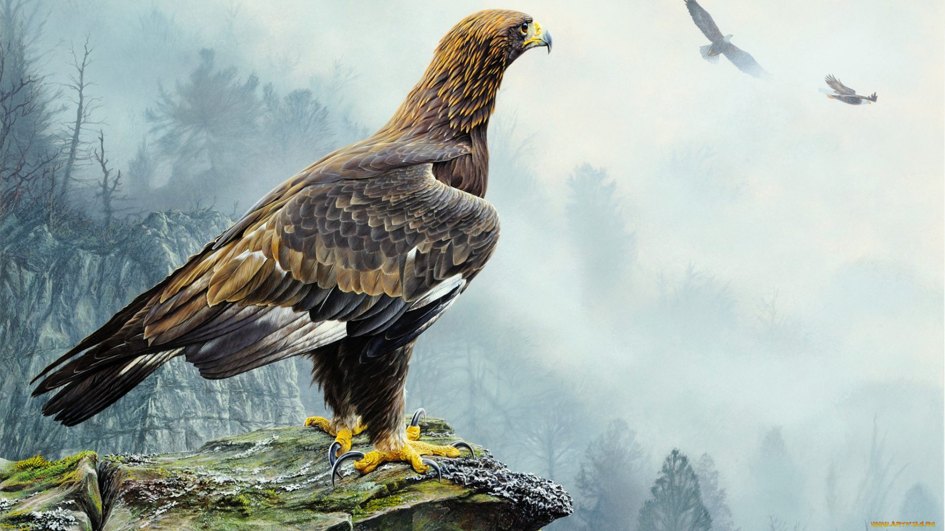 рисованное, животные, , птицы, , орлы, скалы, пейзаж, природа, полет, орел, птица, туман, деревья