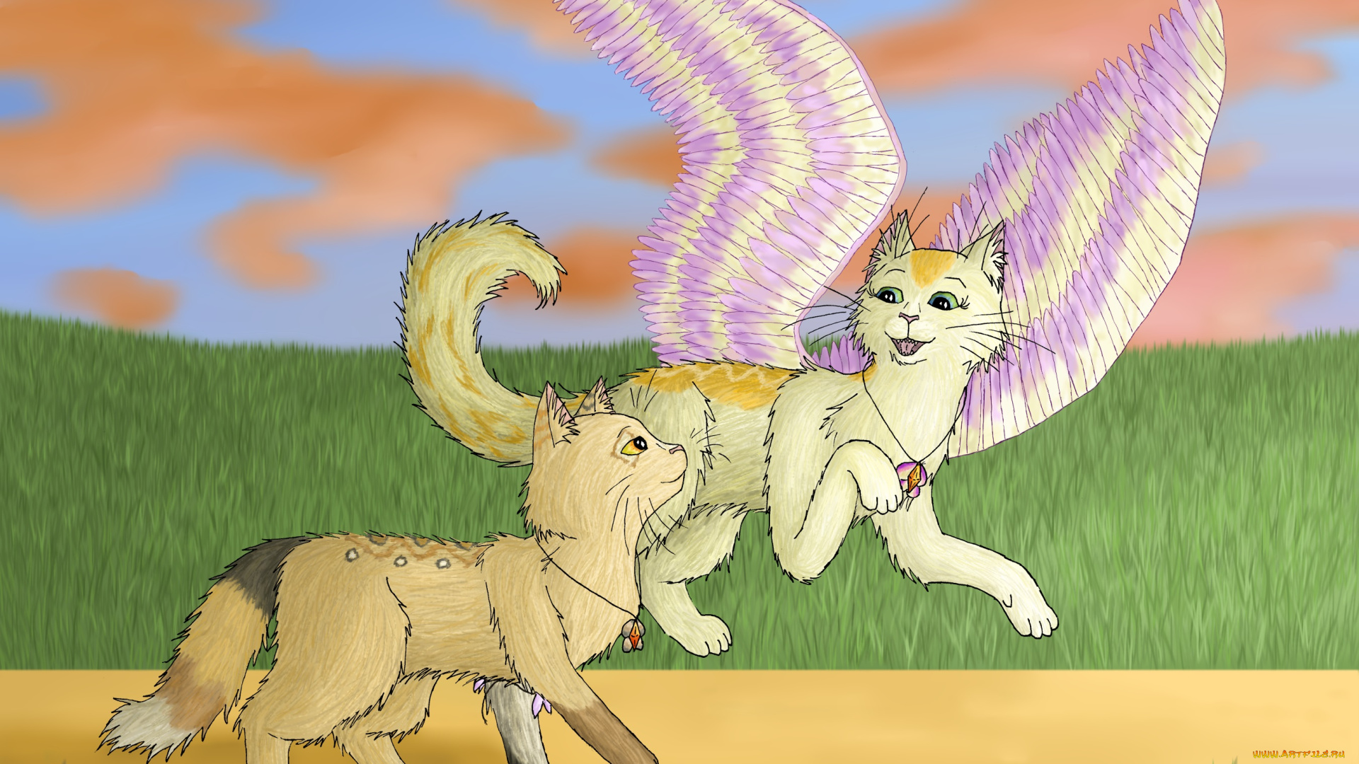 рисованное, животные, , сказочные, , мифические, ангел, дорога, лоле, коты