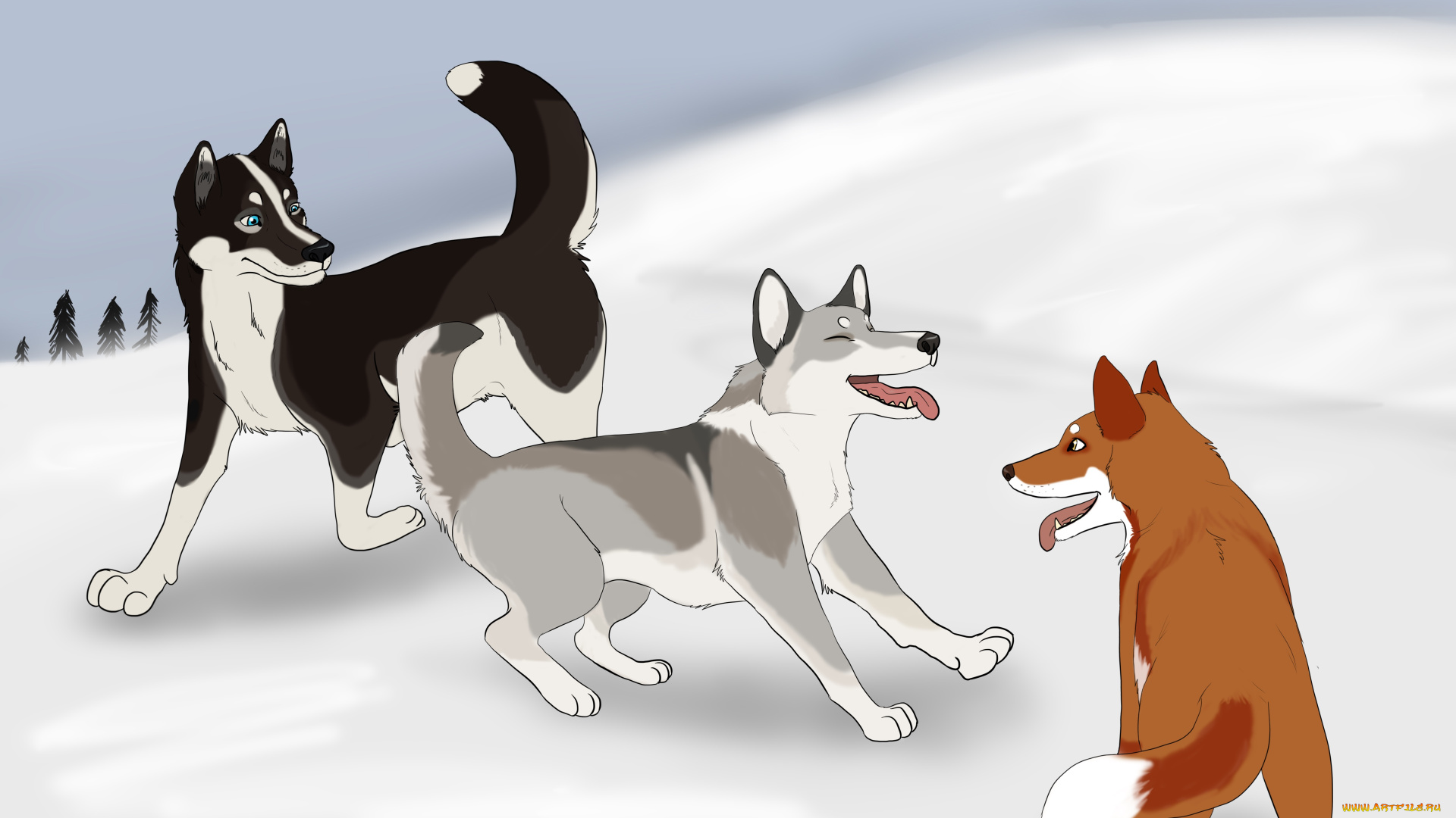 рисованное, животные, , собаки, снег, собаки
