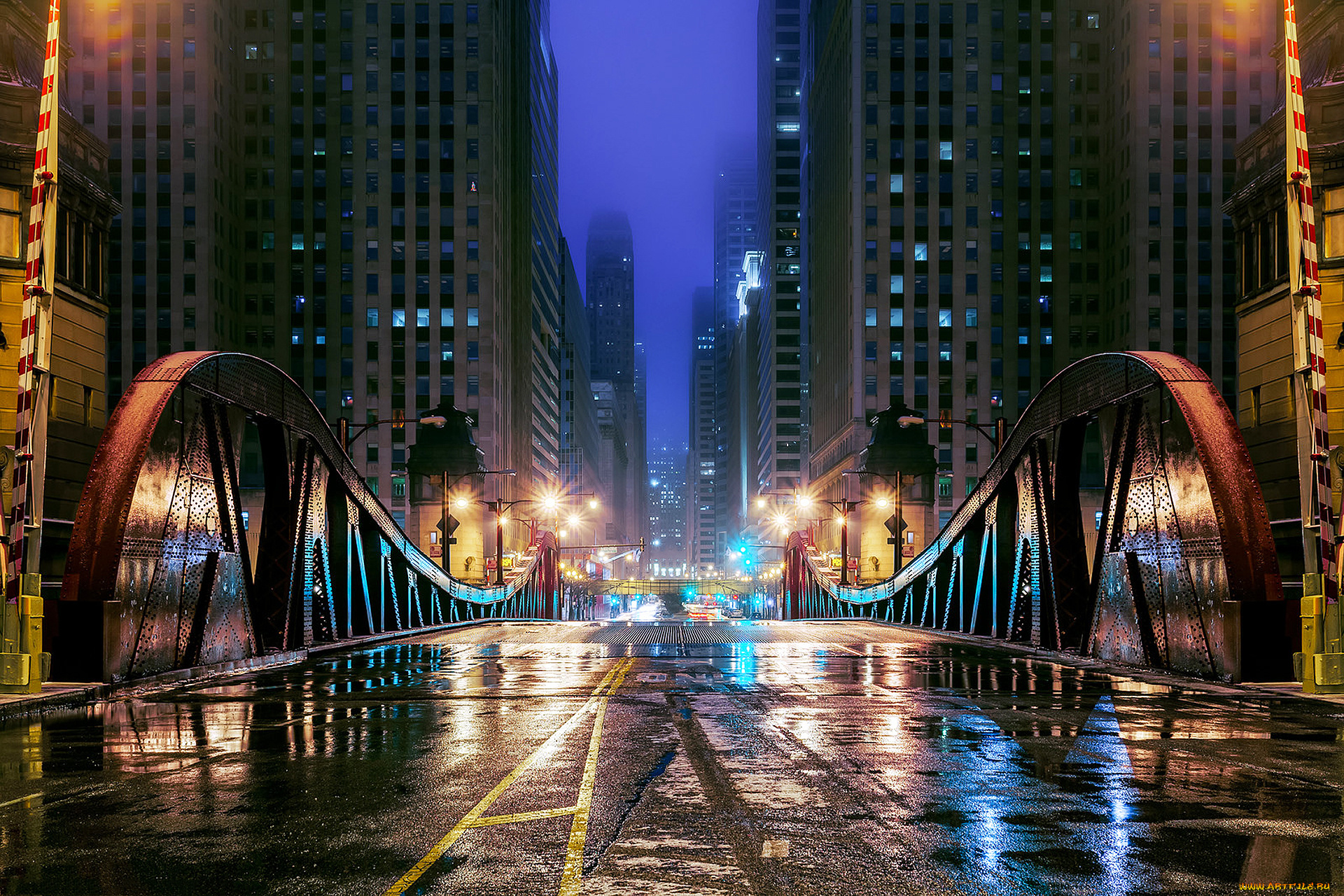 города, Чикаго, , сша, отражения, вода, лужи, здания, небоскребы, огни, вечер, ночь, улица, дорога, мост, город, иллинойс, Чикаго, usa, illinois, chicago