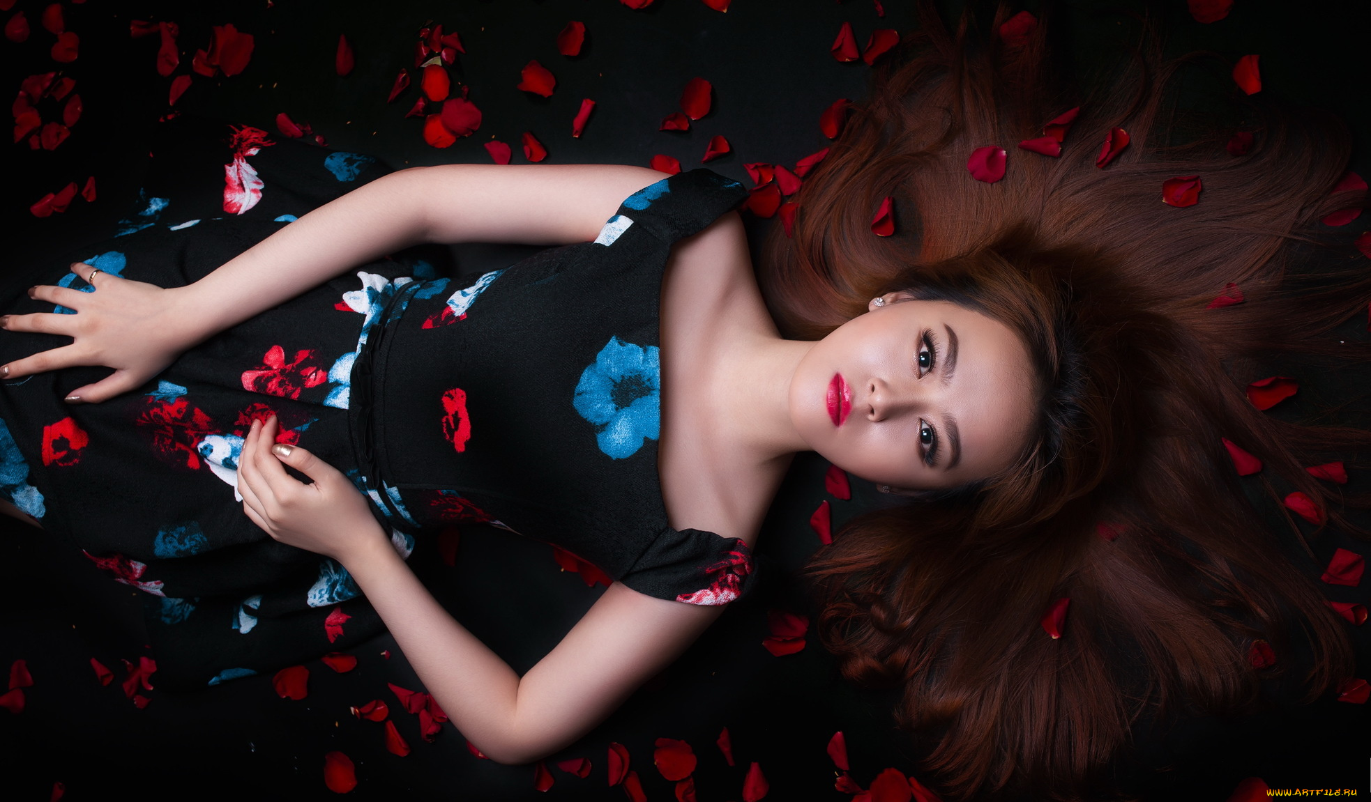 девушки, -unsort, , азиатки, макияж, азиатка, лепестки, взгляд, девушка